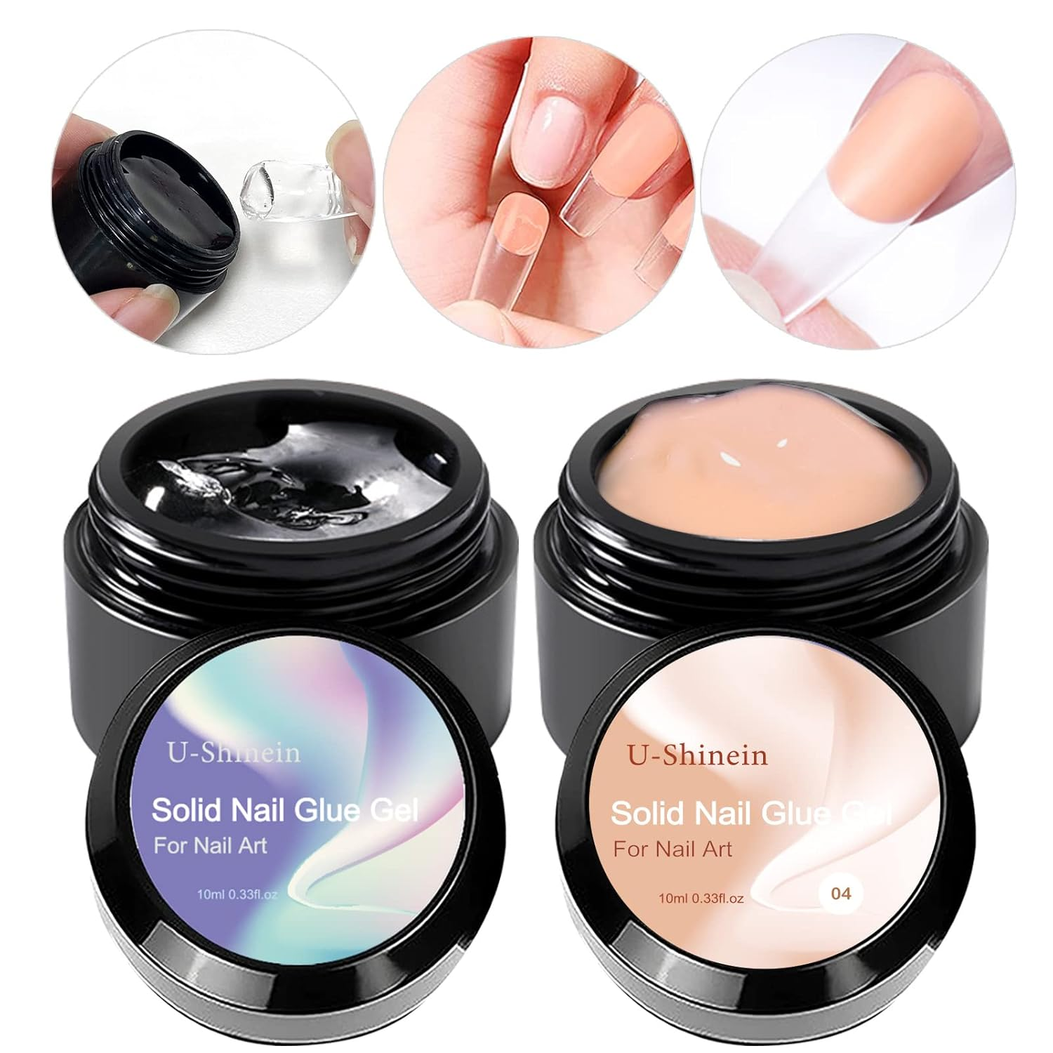U-Shinein Solid Nail Glue Gel, Clear Nude Nail Glue Gel for Acrylic Nails Tips, Press on Solid Glue Gel, Nail Art Manicure Glue Gel, Need UV/LED Lamp Longer Cure 2X10Ml