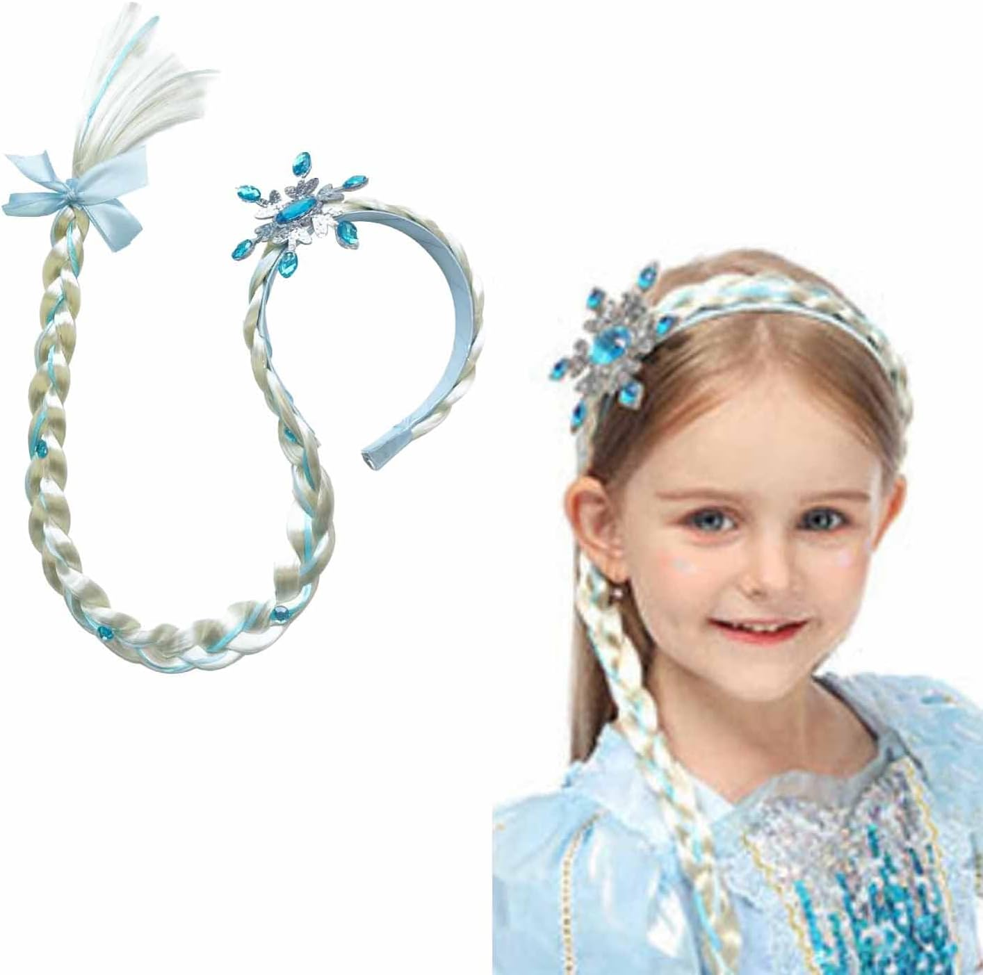 Roczential 2Pcs Princess Braids Headband, Girls Long Braided Wig Headbands, Frozen Princess Head Bands for Girls Cosplay Birthday Party Hairpiece Costume Decor Accessories image number 1
