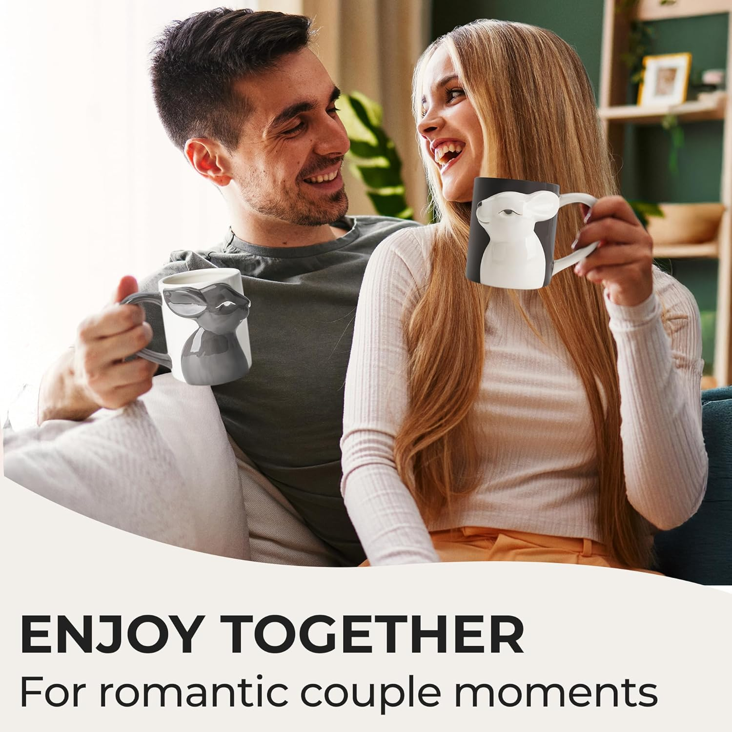 MIAMIO - Kissing Rabbit Mug Set of 2/400 Ml Coffee Mug for Couples/Ceramic Coffee Cup Set/Gifts for Women/Men for Birthday, Easter or Christmas - Microwave- and Dishwasher Safe image number 4