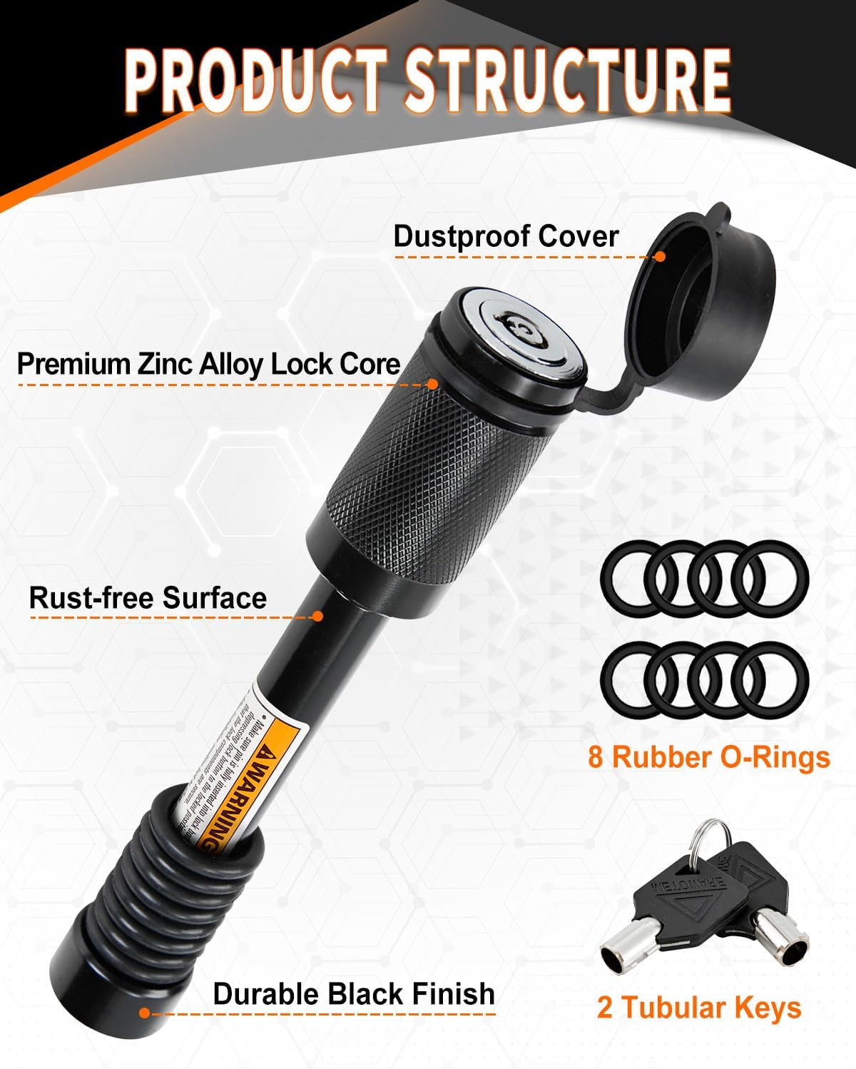 METOWARE Trailer Hitch Lock Hitch Receiver Lock Fits Class III IV and 2" 2-1/2" Receiver with 5/8" Dia 3-1/2&rdquo; Long Pin and 8 Anti-Rattle Rubber O-Rings, for Trailer Truck Car Boat (1 Pack) image number 4