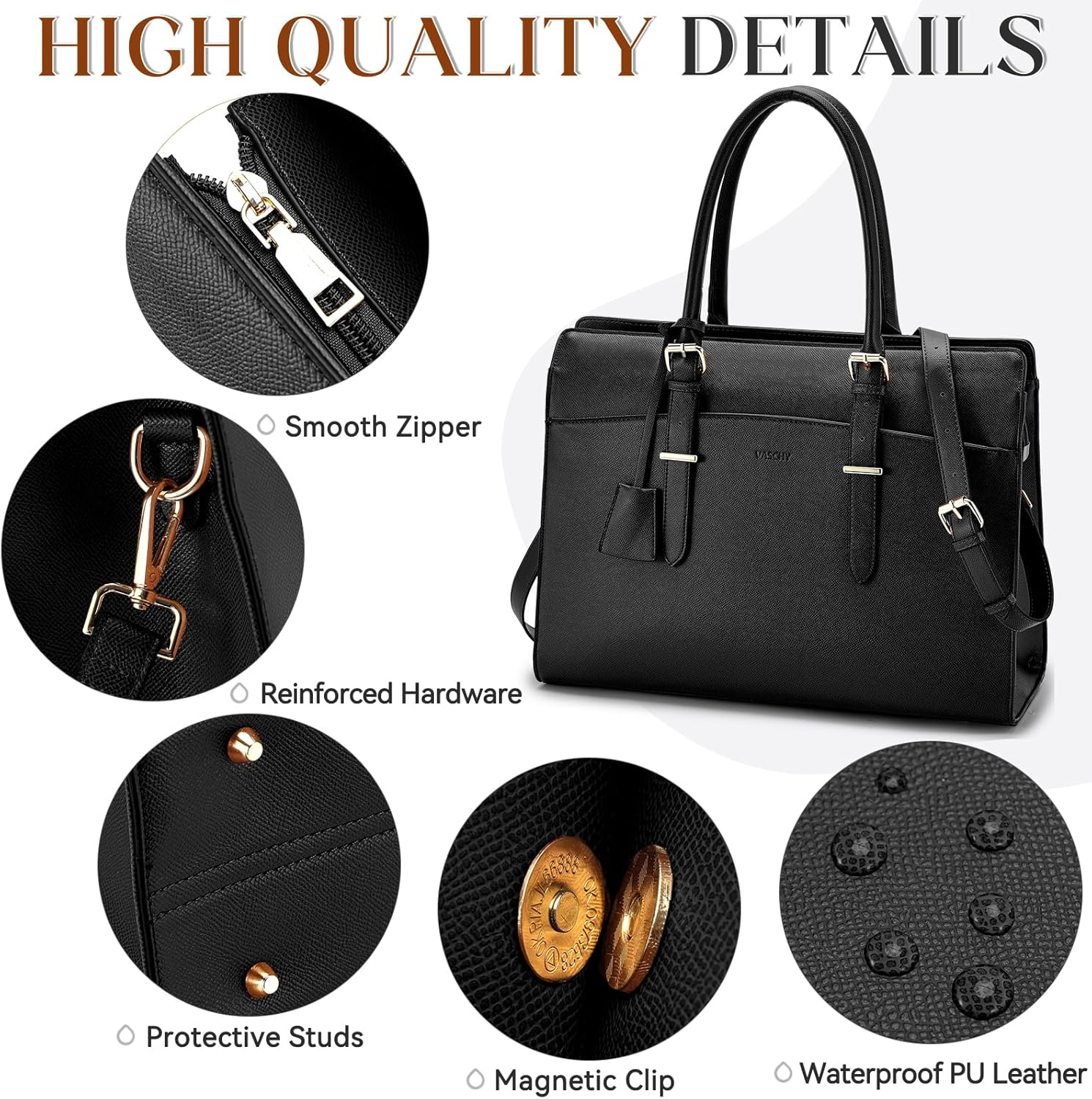 15.6Inch Laptop Tote Bag for Women,Vaschy Large Vegan Leather Work Tote Bag Briefcase Computer Bag Handbag Shoulder Bag Briefcase for Business Office Travel - Brown image number 6