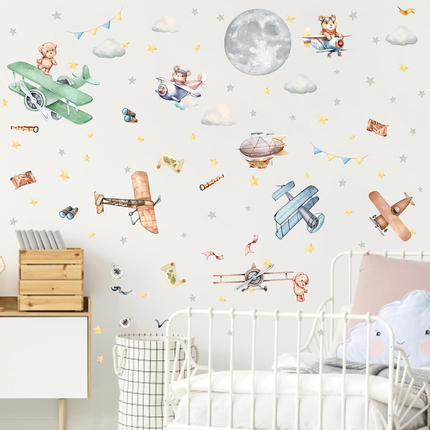 Vintage Airplane Wall Decals Cartoon Aircraft Balloon Animal Wall Stickers Moon Star Cloud Fabric Wall Stickers Cute Helicopter Watercolor Plane Wall Decals for Boys Room Kids Bedroom Nursery Decor image number 5