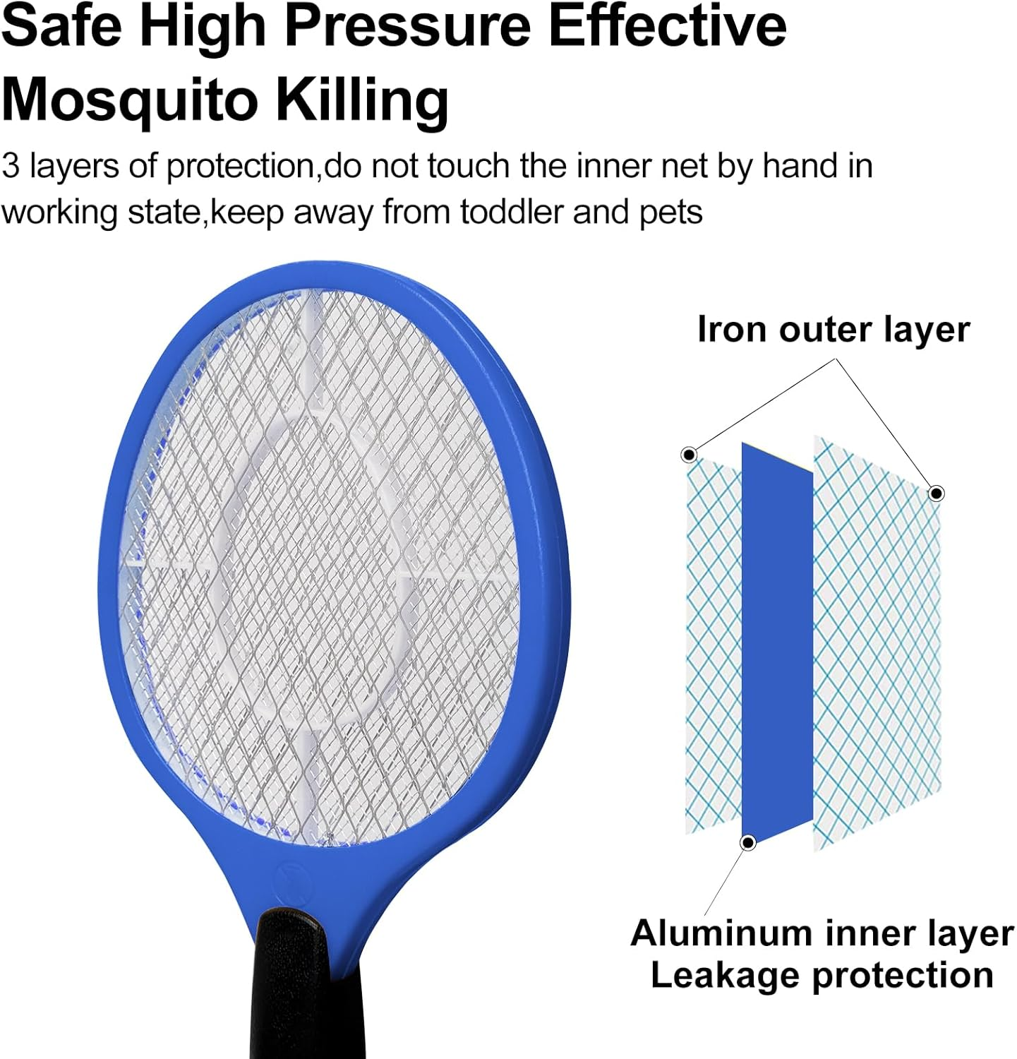 Vivva Bug Zapper Electric Fly Swatter Zap Mosquito, Indoor Outdoor Zapping Racket for Pest - Safe to Touch with 3-Layer Safety Mesh (Blue)