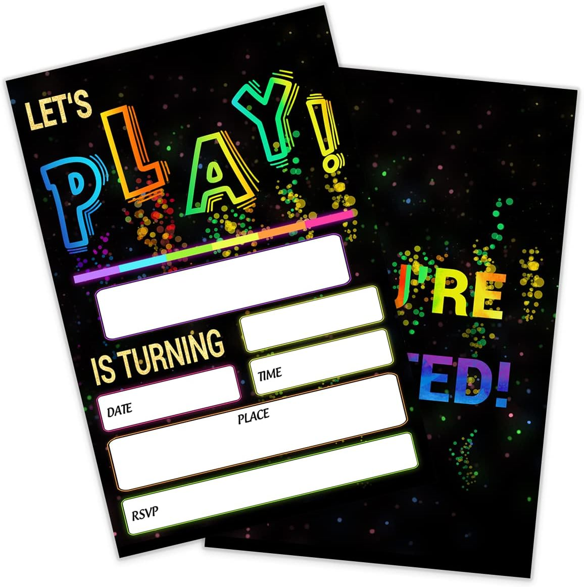 SHLINCO Glow Let'S Play Birthday Party Invitations for Boys Girls, Neon Party Invites for Kids, Double Sided Design(20 Cards + Envelopes) image number 5
