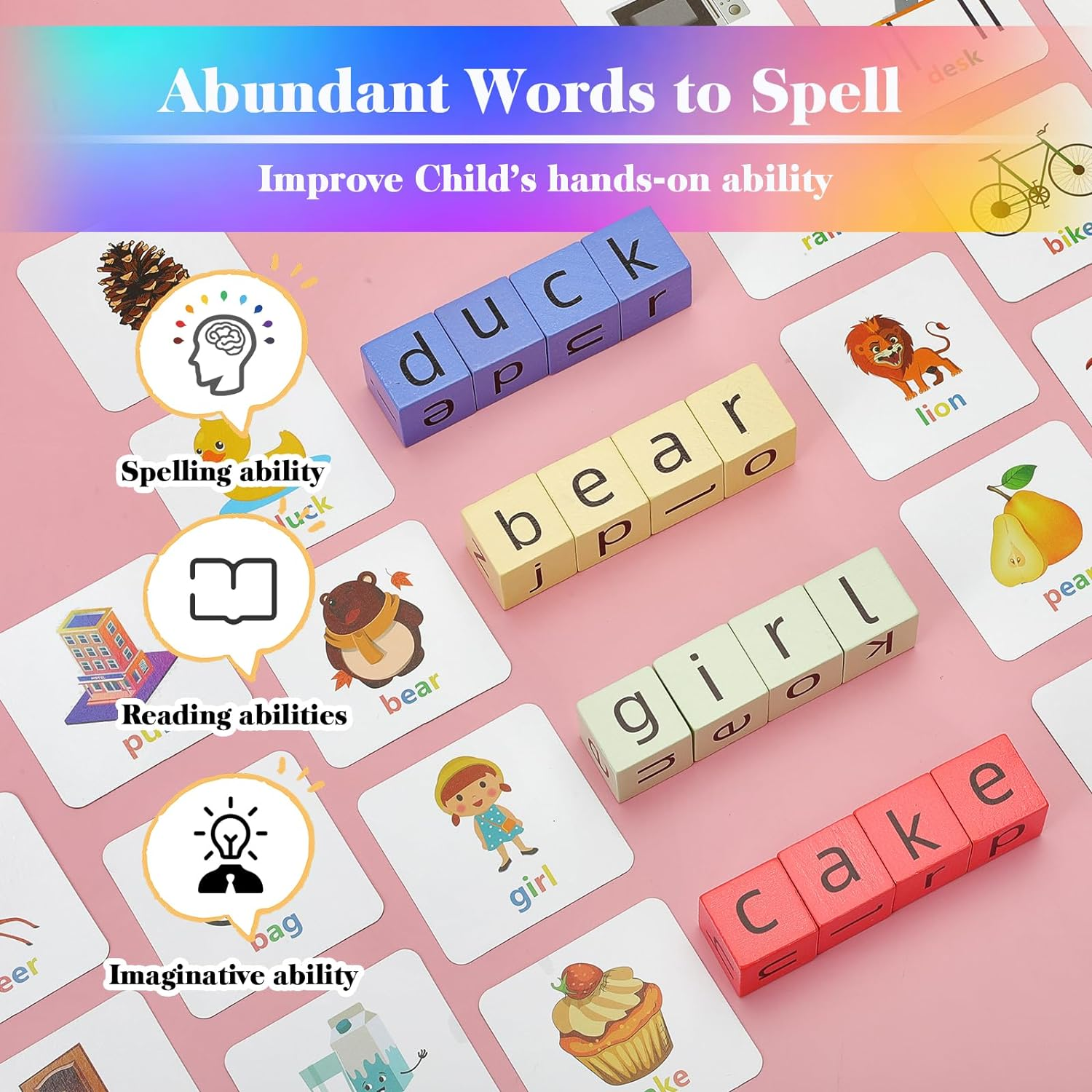 Educational Flash Cards and Wooden Blocks Spelling Games, Alphabet Matching Multiplayer, Stimulates the Brain'S Imagination and Creativity, Flash Cards for Kids Ages 4-8 Suitable for Classroom,Parties image number 3
