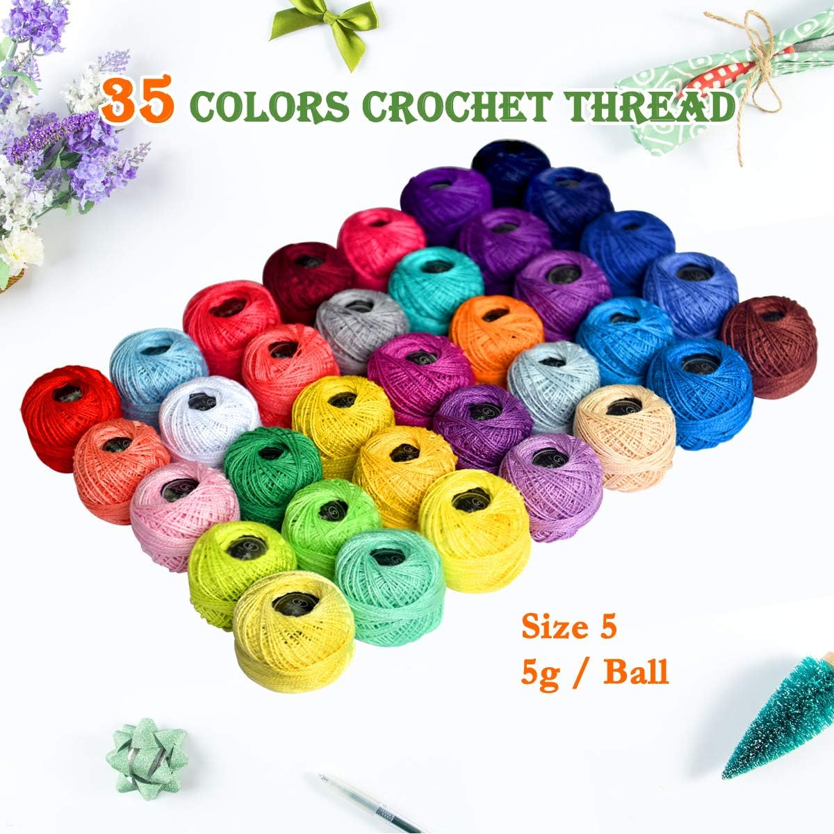 Crochet Thread Cotton Yarn Threads Balls 35 Balls Popular Rainbow Colors of Size 5 Crochet Thread 100% Long Staple Cotton Mercerized Cotton image number 1