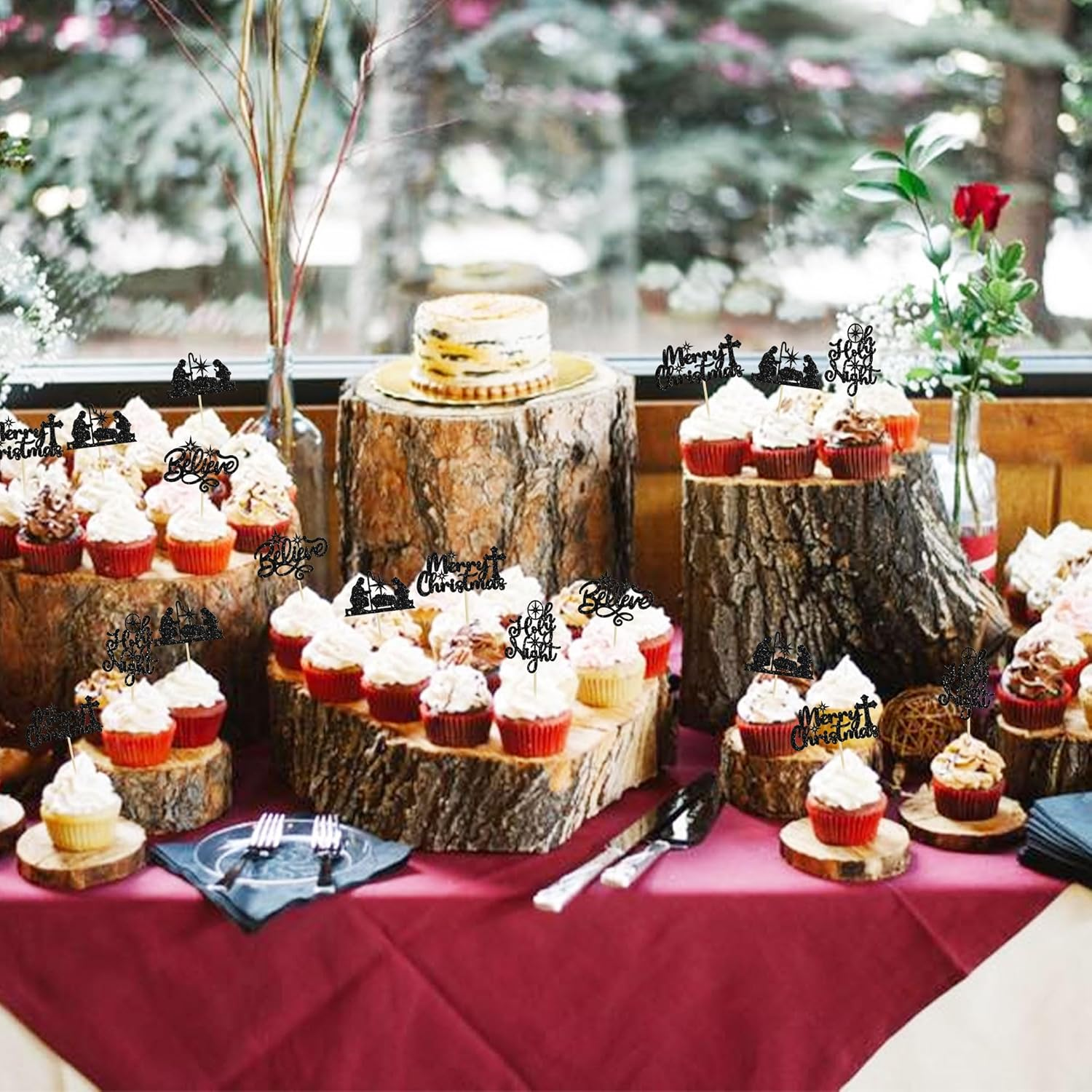 24Pcs Christmas Nativity Cupcake Toppers Glitter Holy Night Blessed Hope Believe Jesus Birthday Cupcake Picks for Nativity Scene Theme Merry Christmas Party Cake Decorations Supplies Black image number 6