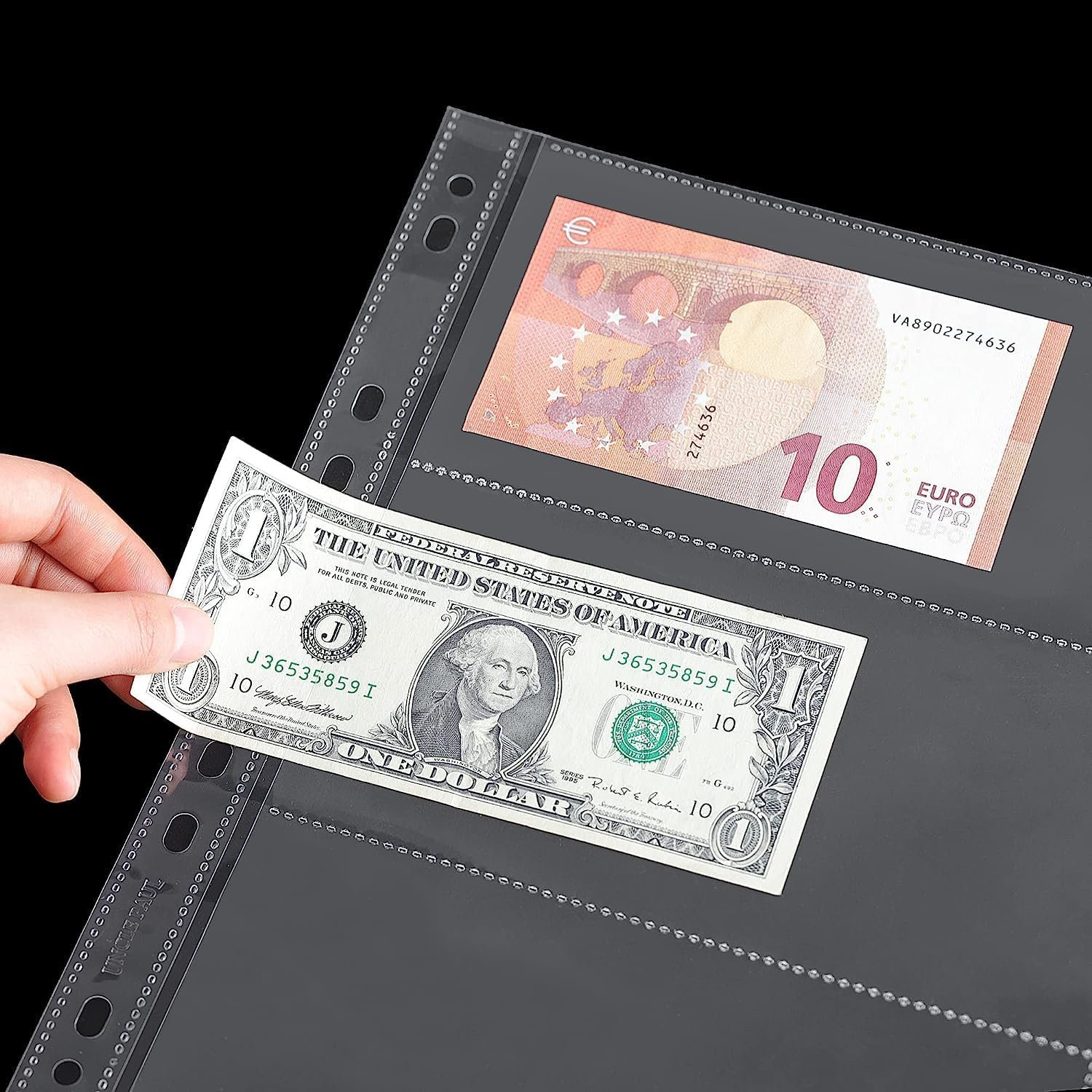 30Pcs Paper Money Collection Supplies Pages，3 Pockets 11 Hole Currency Collection Sleeves,Bill Banknotes Protector Pages for Collectors, Foreign Currency Stamp Paper Souvenirs Storage image number 4