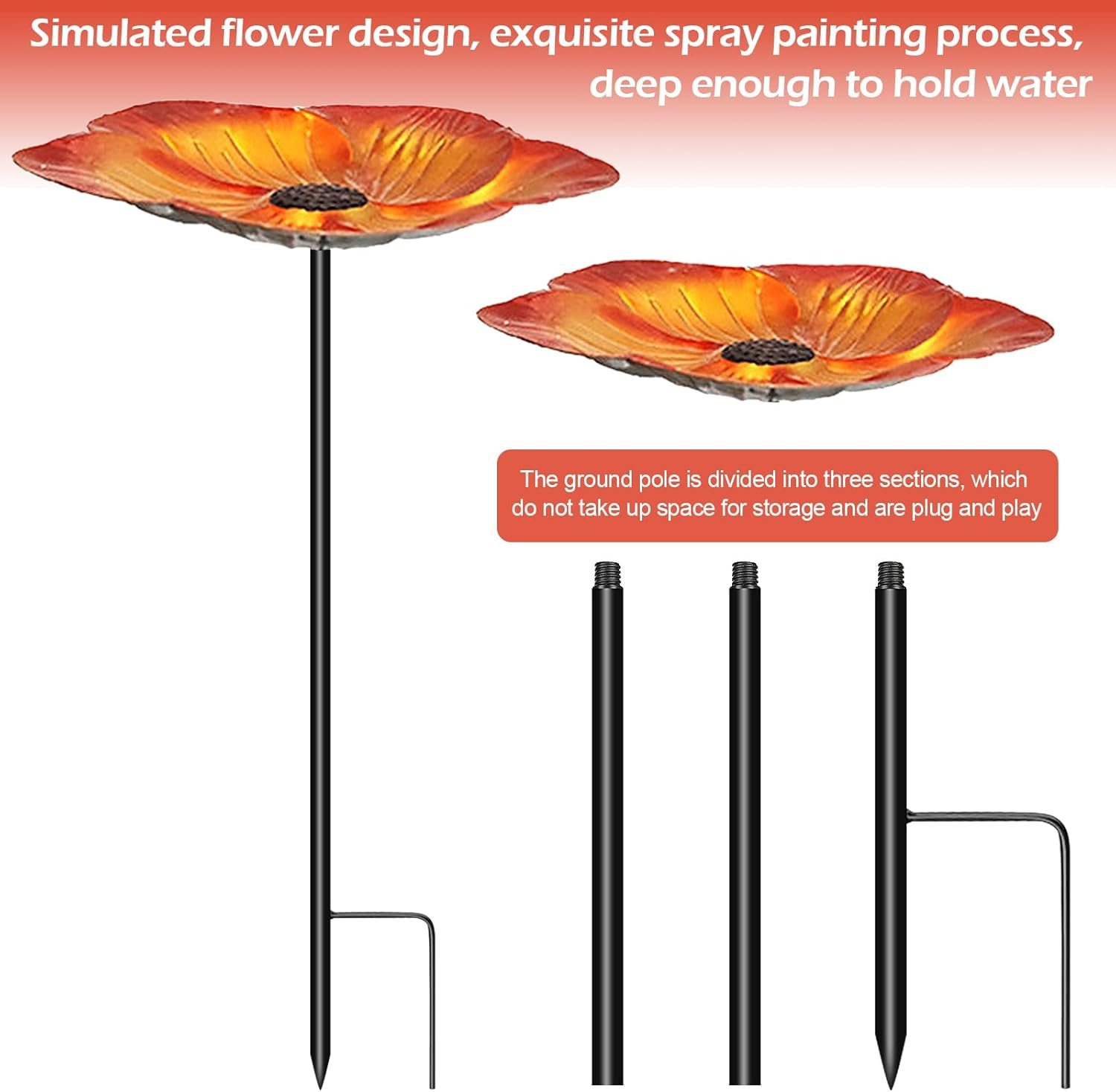 Metal Bird Bath, 25 Inch Rustproof Floral Bird Feeder with Stake, Decorative Sturdy Birdbath for Garden, Yard, Outdoor image number 4