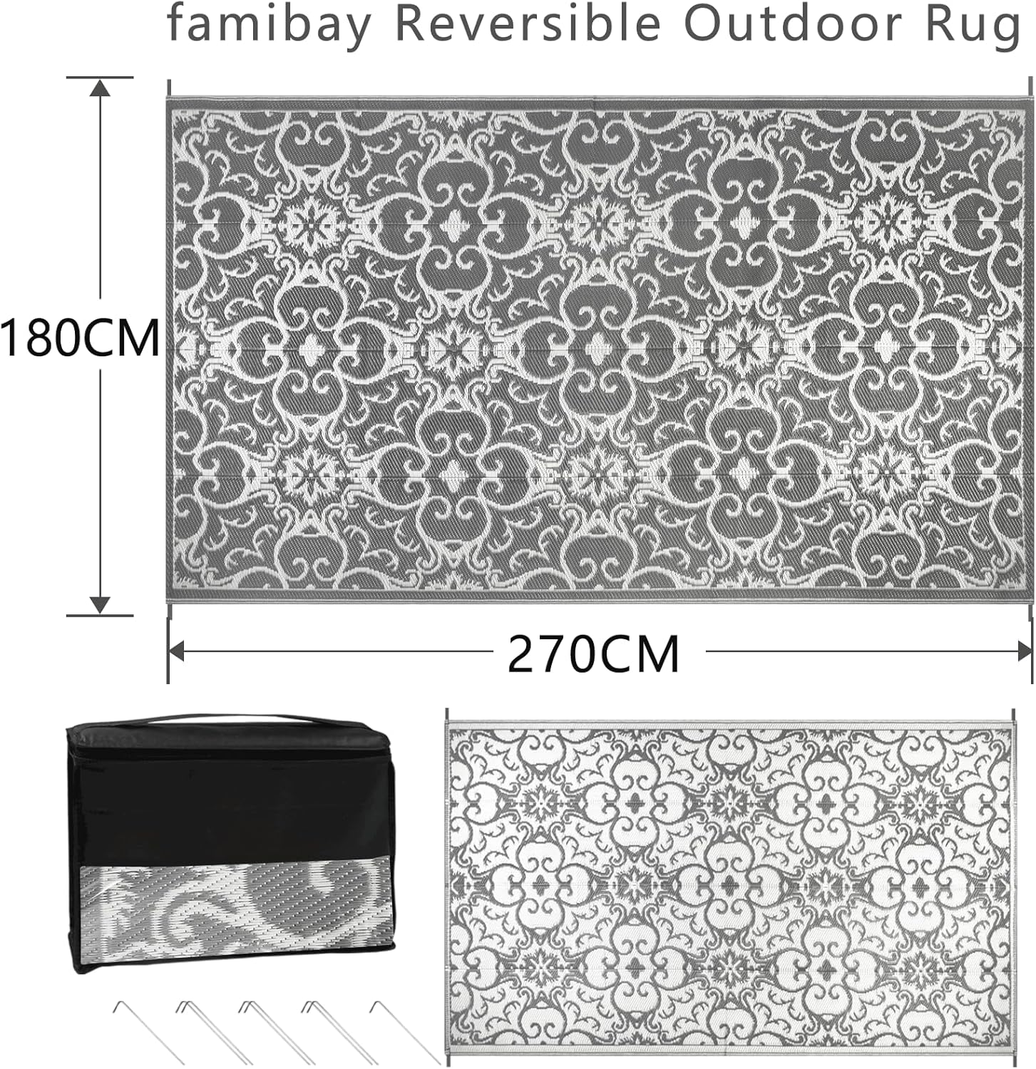 Famibay Outdoor Rugs for Patios Waterproof Garden Rug Large 180X270Cm Reversible Mat Lightweight Camping Rug Outdoor Area Rug for Balcony Deck Backyard Porch Beach BBQ image number 6