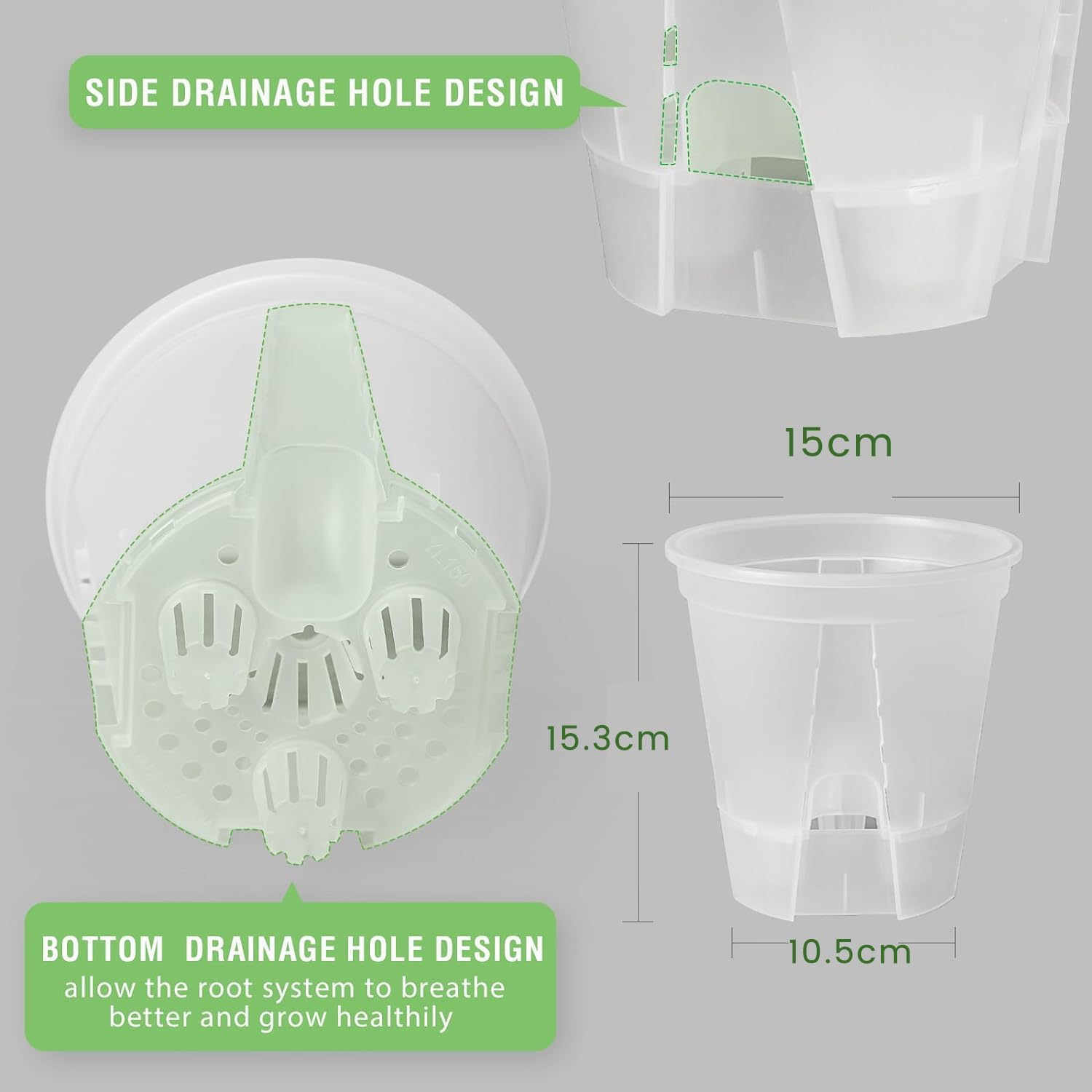 6 Inch Transparent Plastic Nursery Plant Pots Plastic Garden Pots 5 Pack with Deep Reservior image number 3