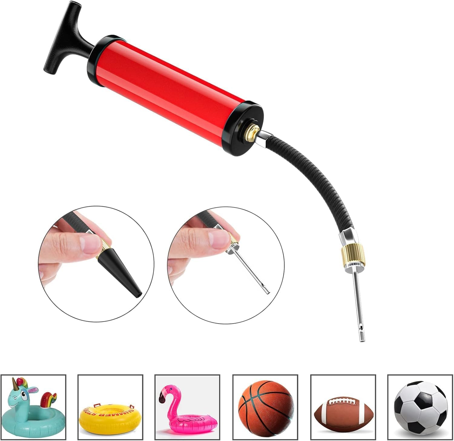 Mumoo Bear Ball Pump, Sports Ball Pump with 5 Needles, Nozzle, Extension Hose, Push & Pull Inflator System, Perfect for Volleyball, Basketball, Football, Soccer, Water Polo, Swim Inflatables-Red image number 3