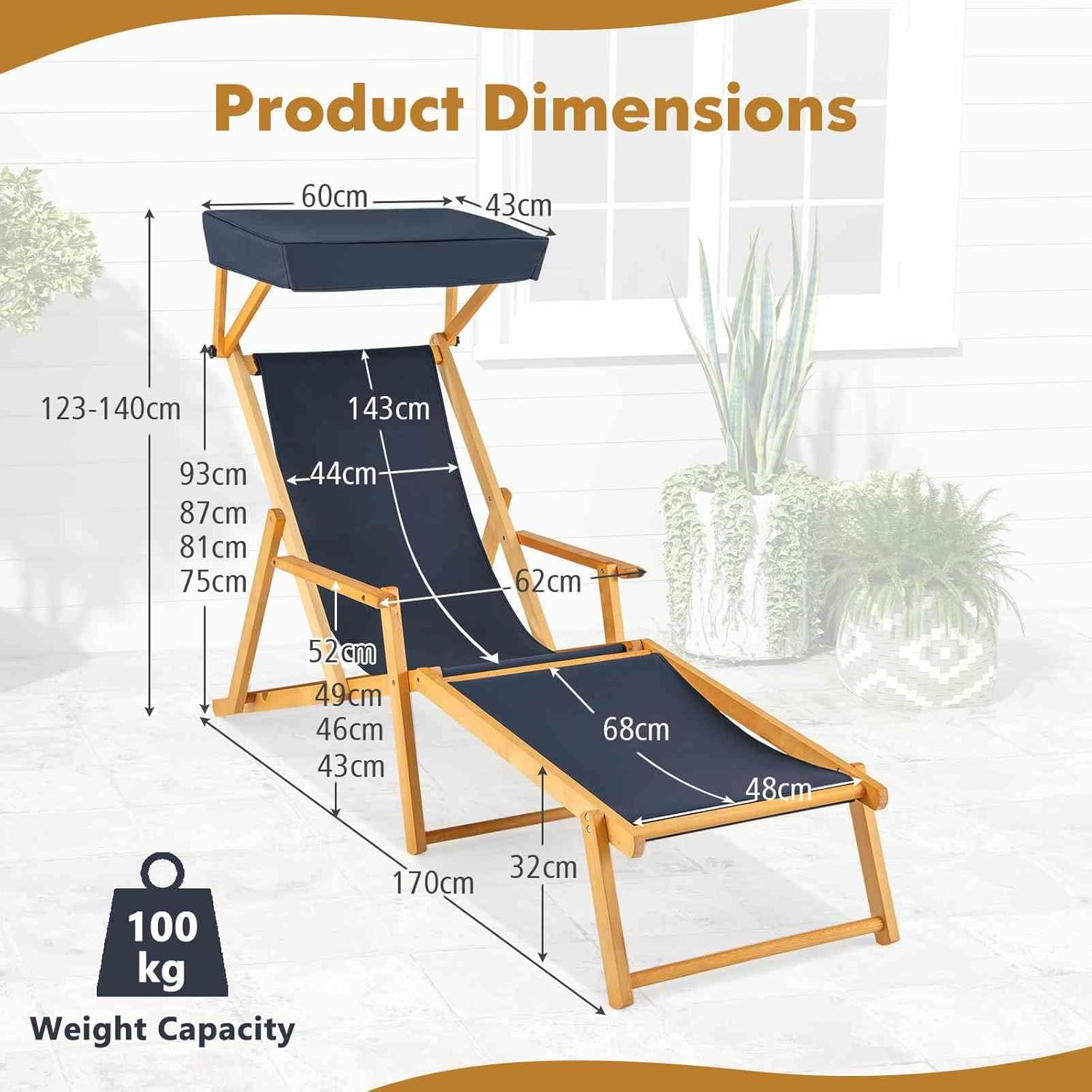 Costway Outdoor Birch Wood Chaise Lounge Chair, Foldable Beach Lounge Chair with Adjustable Canopy, Reclining Backrest and Footrest with Replacements for Patio Poolside (Navy + Natural) - Brown + Natural image number 2