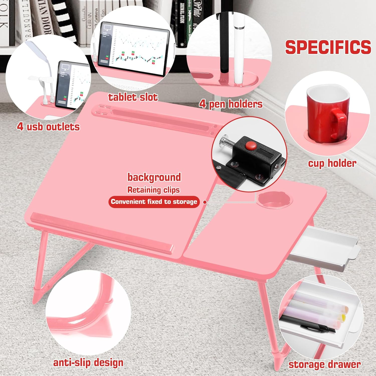 Cloudtrip plus XL Adjustable 17In Laptop Desk with Light, USB Port, Ipad Holder, Drawer Storage - Larger 23.6IN Adjustable Lap Desk for Bed, Home Office, Breakfast Tray, Fordable Legs Desk (Pink) image number 4
