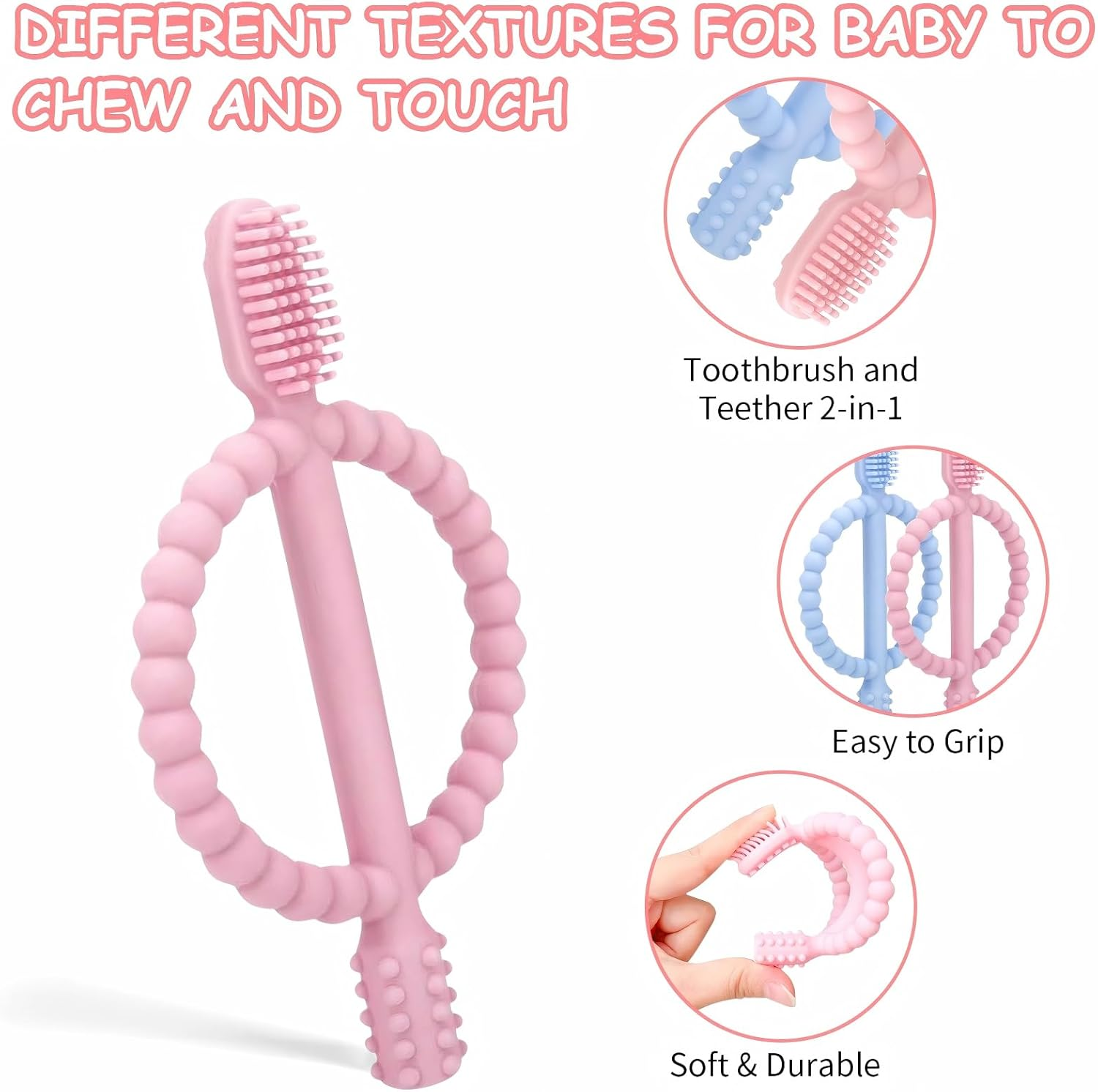 2 Pack Baby Teething Toys, Silicone Infant Toothbrush, Textured on Both Sides Helps Massage, Soothe Sore Gums, Baby Chew Toys for Sucking Needs, Teething Toys for Babies 6 + Months (Blue & Pink) - Green  Caramel image number 5