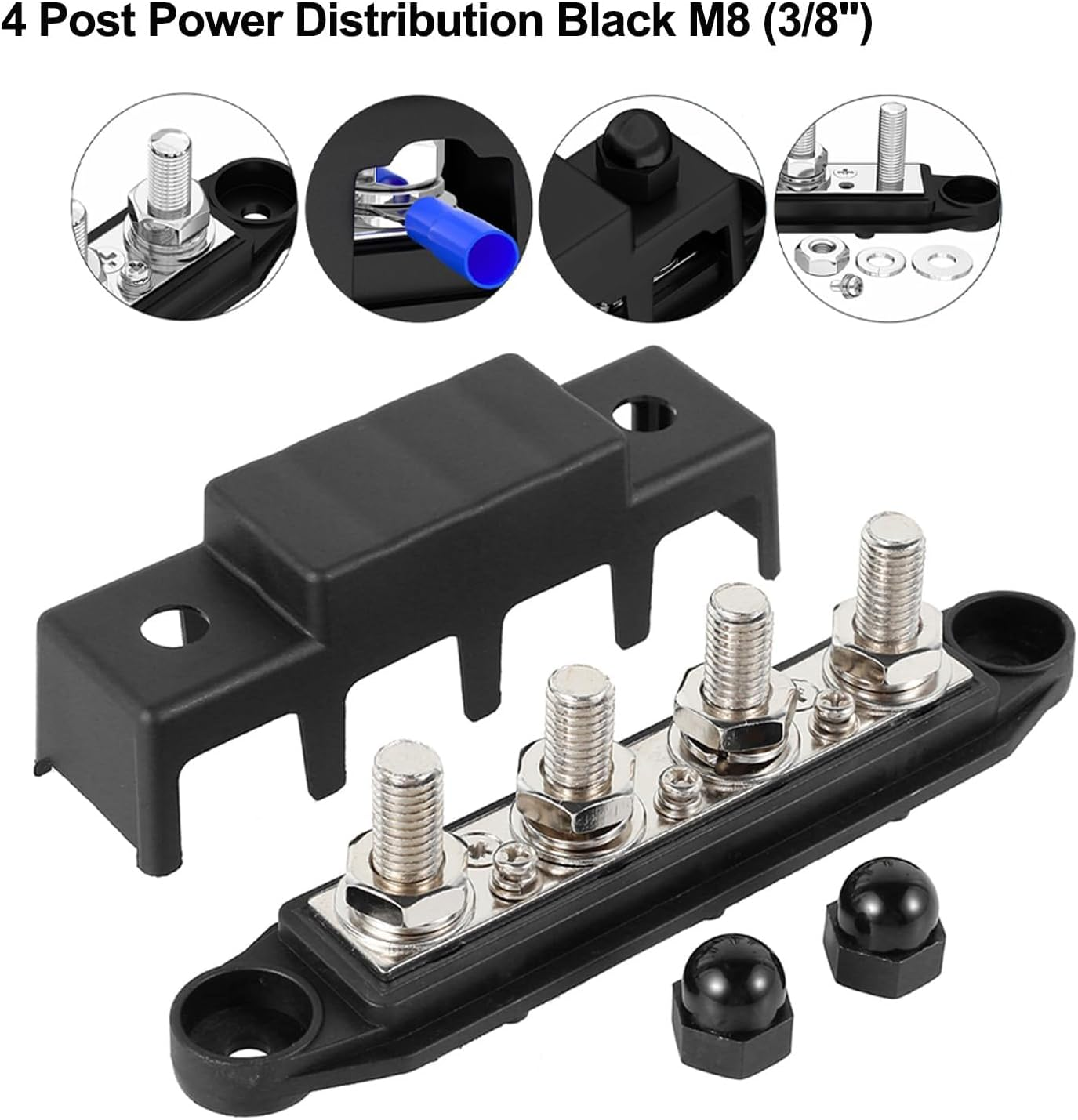 AULESSE 12V-48V DC Bus Bar Power Distribution Block 5/16" (M8) 4 Studs Heavy Duty Busbar Stud Terminal Junction Block with Cover and Ring Terminals 250 Amp for Cars Rvs Ships Yachts (Red+Black)