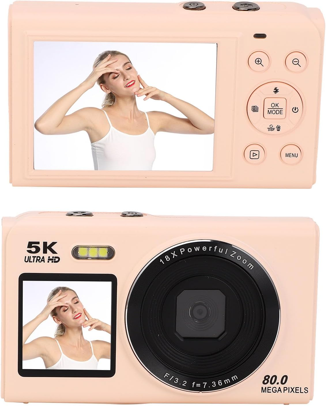 5K Digital Camera with 80MP Dual Screen, 18X Zoom, Wifi, Auto Focus, Built-In Flash, 2.8In & 1.5In Display, Vlogging Camera for Teens, Travel, Streaming, Photography (White)