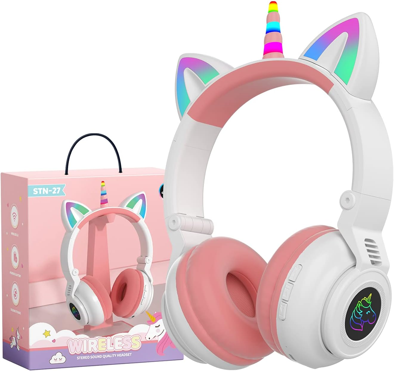 Hisonic Children'S Bluetooth Unicorn Headphones with Colourful Lights for Children from 3 Years (Purple)