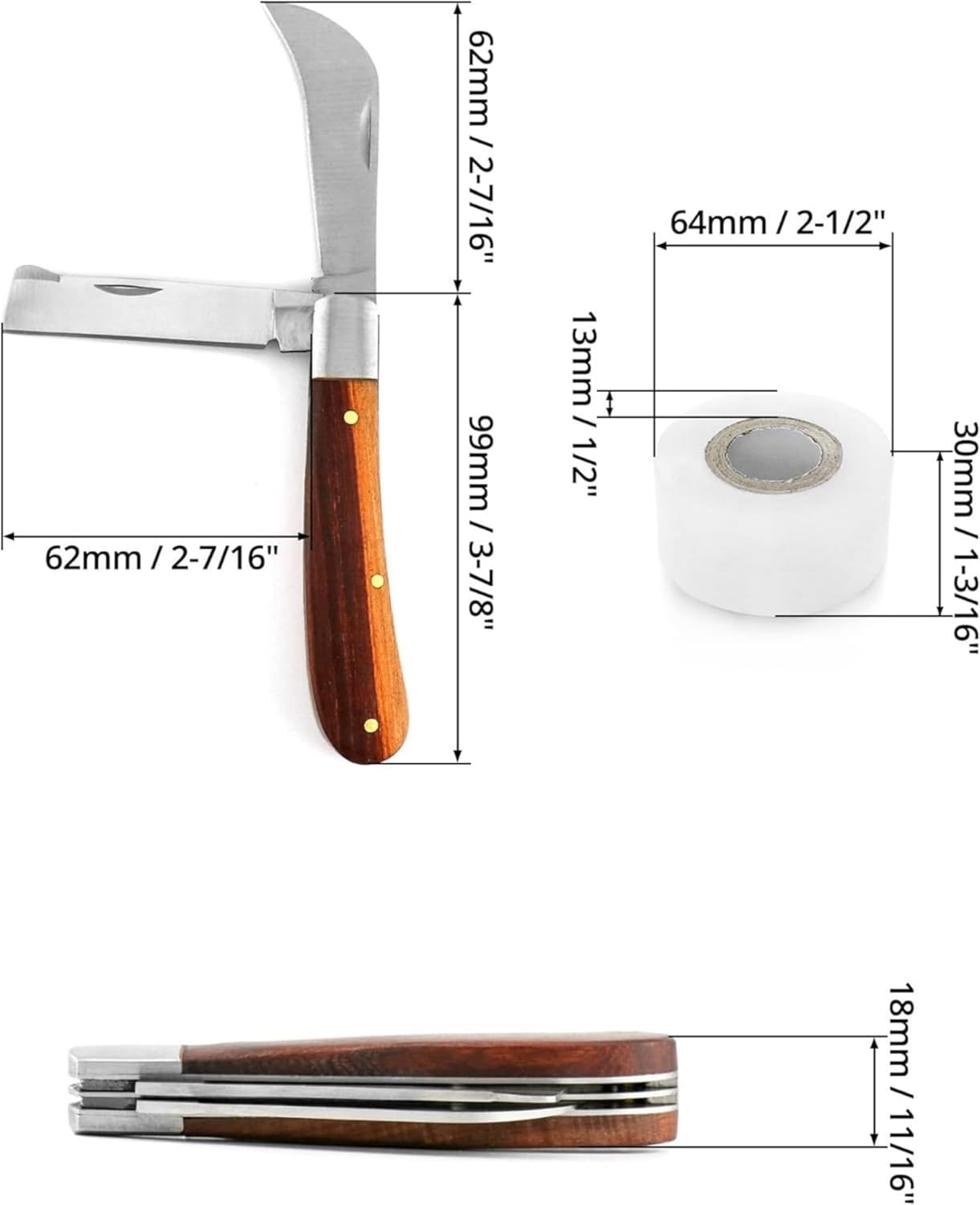 Stainless Steel Grafting Knife Kit, Flexible Double-Blade Garden Knife for Budding and Pruning, Includes 2 Plant Repair Tapes for Floral and Fruit Trees image number 3