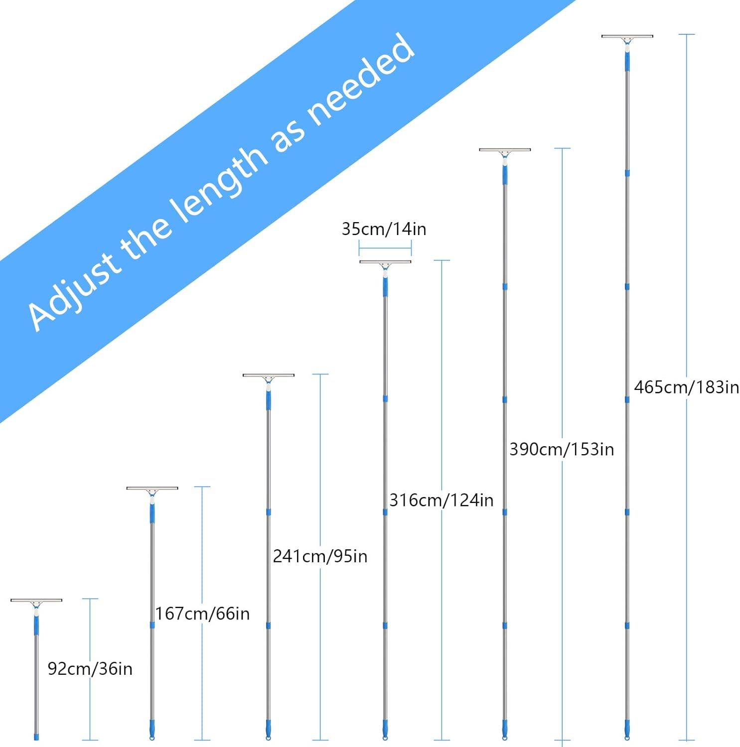 Mitclear 15 Foot Window Cleaning Kit with Extension Poles, Window Cleaner Tool with 14&rsquo;&rsquo; Silicone Squeegee, 14&rsquo;&rsquo; Microfiber Scrubber & Cloth, Window Washing Equipment for Outdoor High Windows