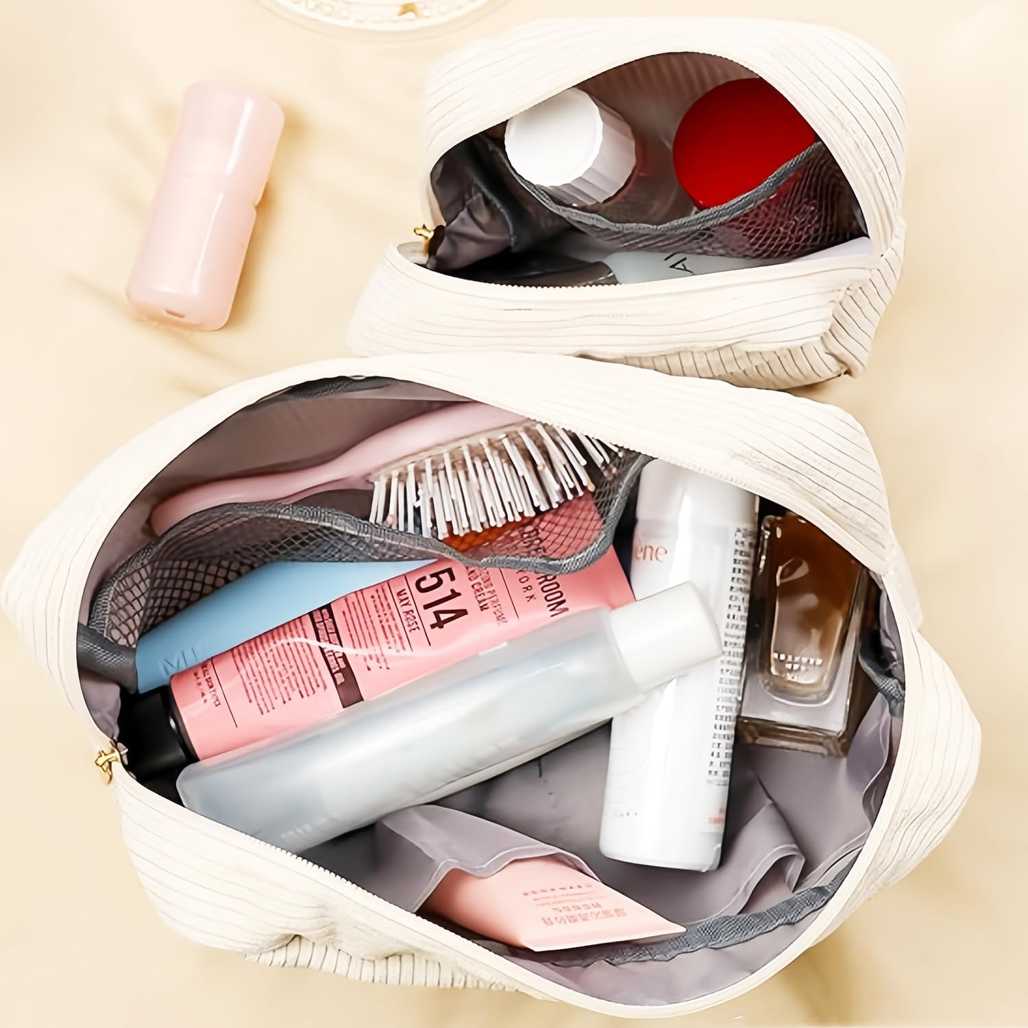 Cosmetic Bags for Women, Small, Small Cosmetic Bag, Cord Makeup Bag, Make up Bag with Compartments and Zip, Travel Cosmetic Bags, 2 Pieces, Beige Cosmetic Bag image number 6