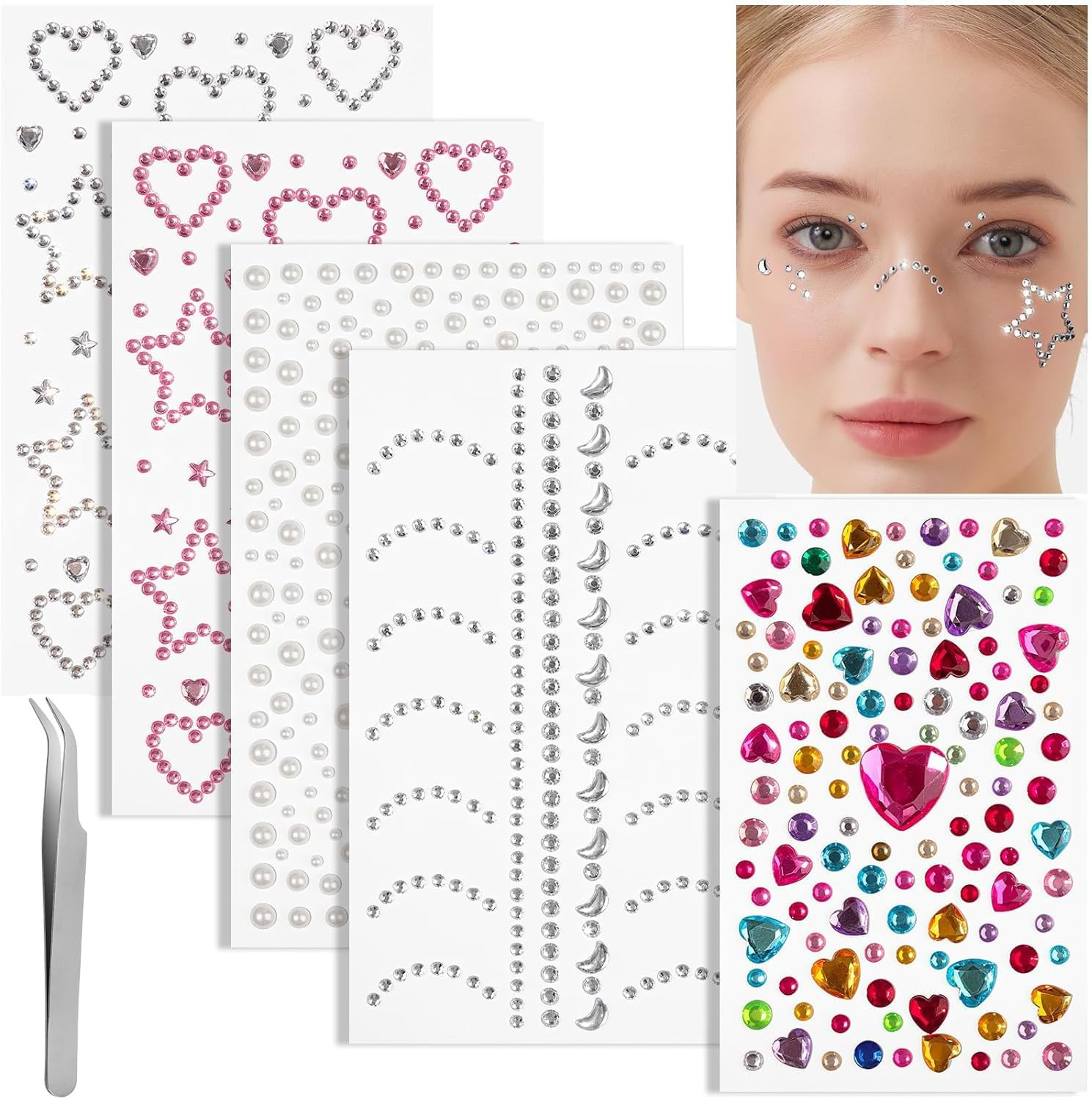 Chengruiy Face Gems - Self-Adhesive Rhinestone & Pearl Stickers Multi-Purpose Body Jewelry for Face, Eye, Hair, Nail Waterproof Sparkling Accessories for Women, Girls, Teens (Party, Rave, Festival) image number 4
