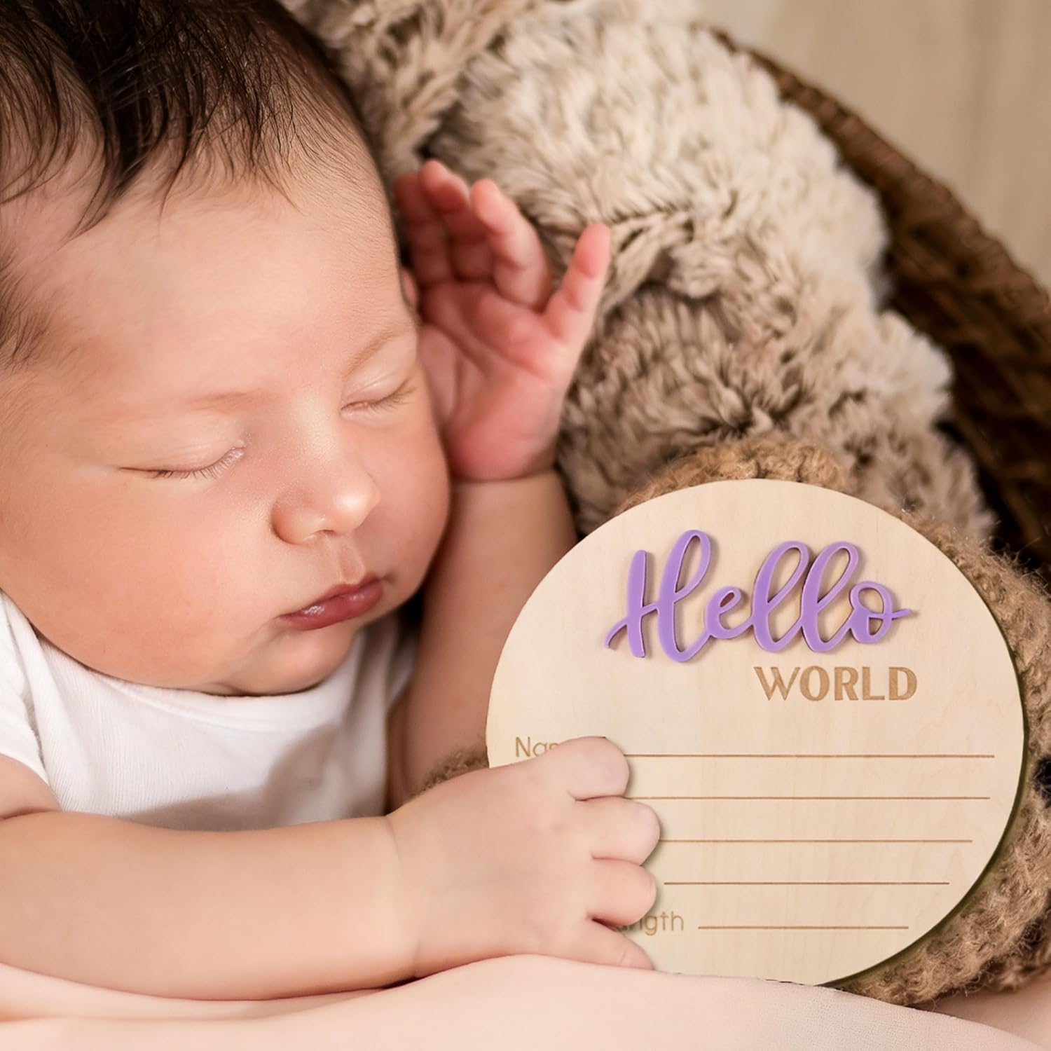 Newborn Announcement Sign, 5.9In Wooden Hello World Sign Baby Welcome Sign Birth Baby Name Plaques for Newborn Boys and Girls Photo Props Baby Shower Hospital Nursery (Light Purple) - Light Pink image number 2