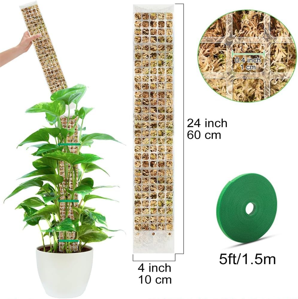 4 PCS 24 Inch Plastic Moss Pole for Monstera & Climbing Plants, Sphagnum Moss Plant Support, Indoor Plant Stake For, Stackable Plant Support for Indoor Plants, with Ribbon Strong and Durabl