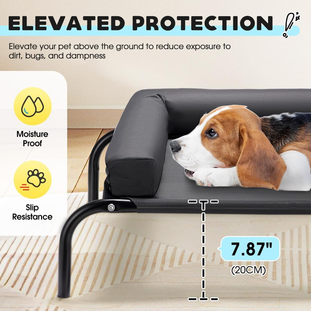 Elevated Cooling Dog Bed with Cushions, Raised Pet Cot for Small Medium Dogs, Portable & Machine-Washable, Non-Slip Rubber Feet, Indoor & Outdoor Use, Black, Medium(88X64X20Cm) image number 4