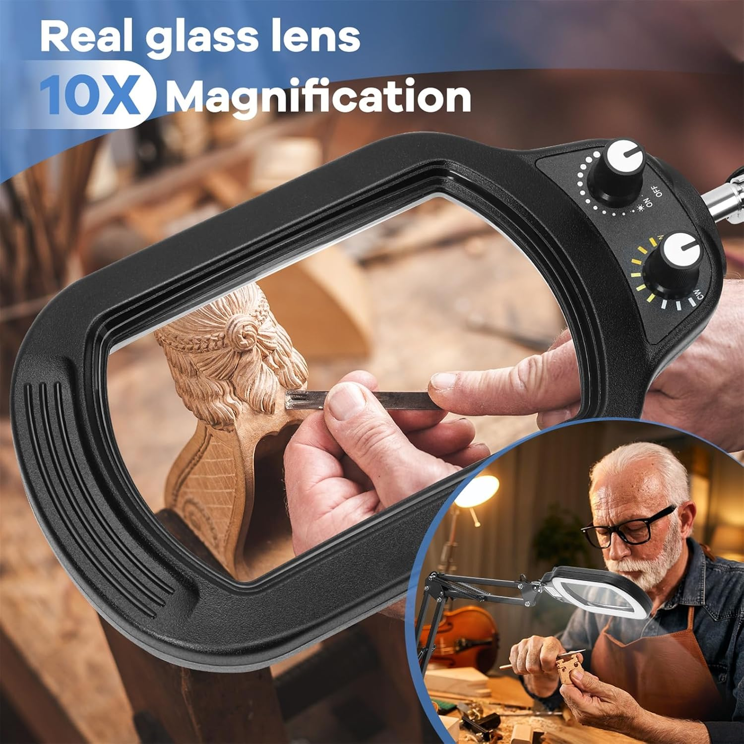 10X Rectangle Magnifying Glass with Light and Stand, Real Glass Lighted Magnifier Hands Free, Mechanical Knob 5 Color Modes Stepless Dimmable, 2-In-1 LED Desk Lamp with Clamp for Reading Hobby image number 3