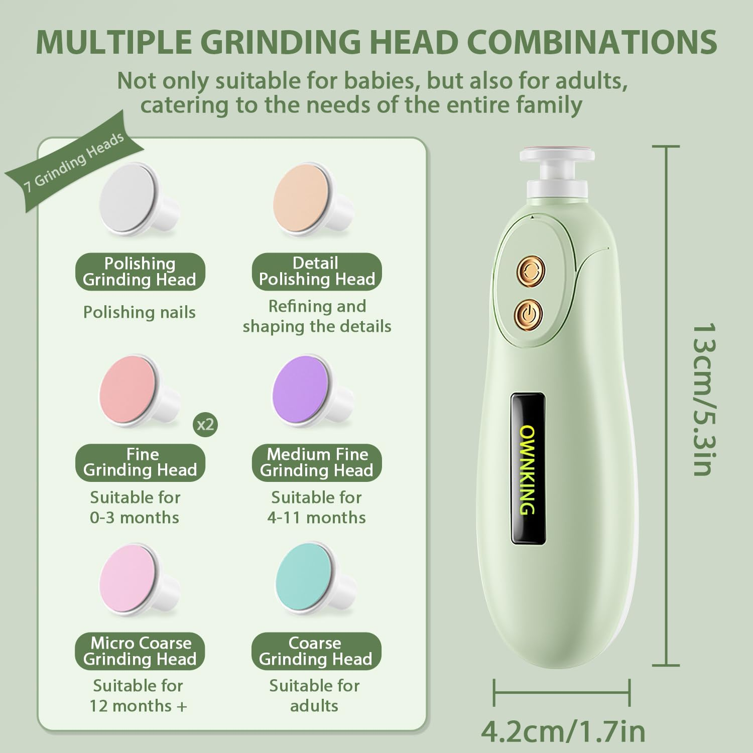 Baby Nail Trimmer, Baby Nail File Electric with Safety Protection, Gentle Nail Trimmer Care Kit with LED Light, Baby Nail Clipper Electric Rechargeable with 7 Replacement Heads, Green - Green image number 2