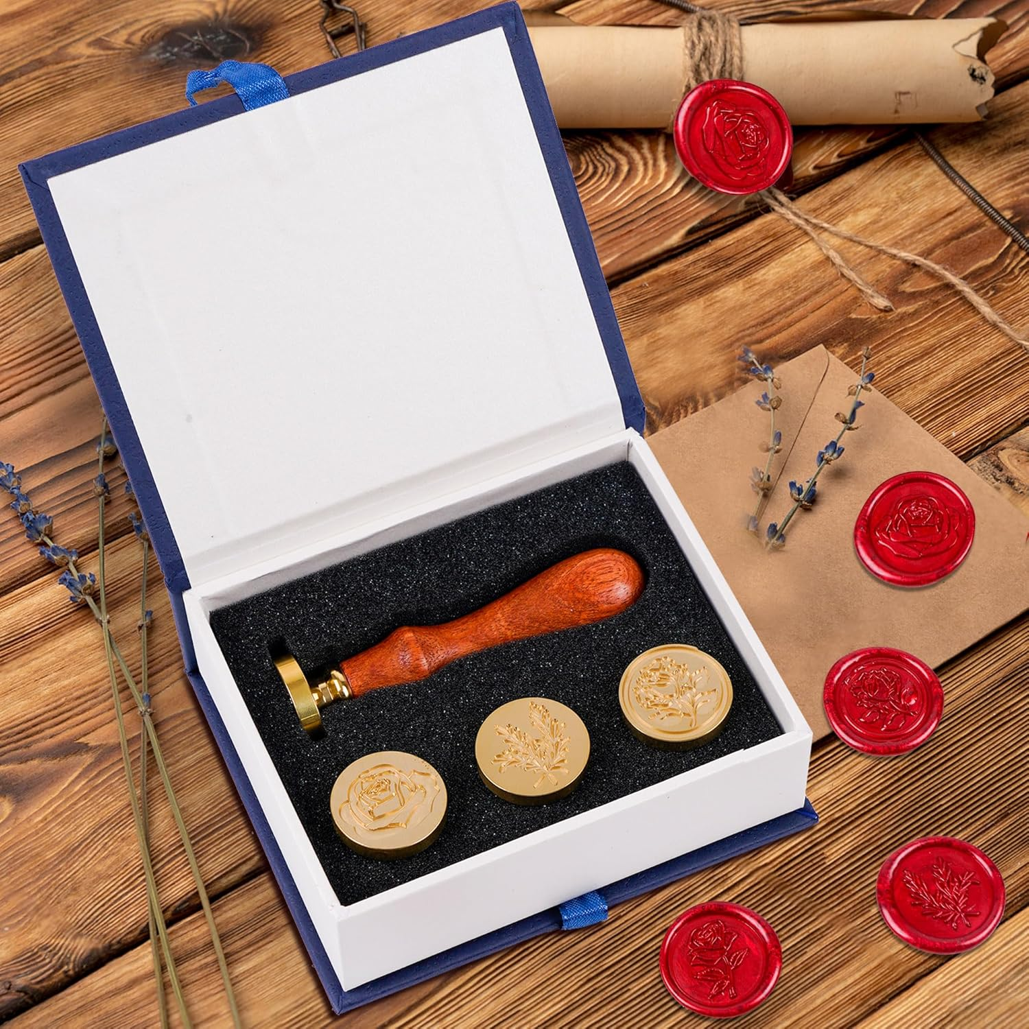Wax Seal Stamp Set, 4 Pieces Flower Plant Sealing Wax Stamp Premium Brass Heads with 3 Rose Flower Styles 1 Rosemary Style 1 Wooden Handle for Wedding Invitation Greeting Card Envelope Gift image number 5