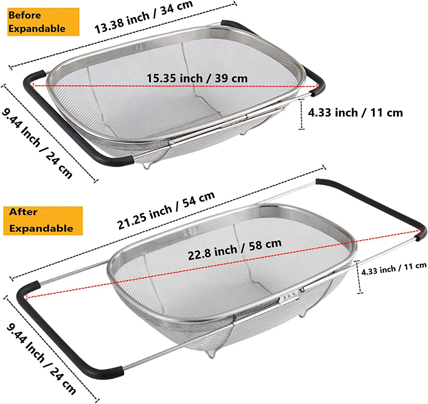 AJIODA over the Sink Colander, 6 Quarts Stainless Steel Oval Colander with Expandable Rubber Grip Handle, Fine Mesh Strainer Baskets Kitchen Colander for Strain, Drain, Rinse Vegetables, Fruits, Black