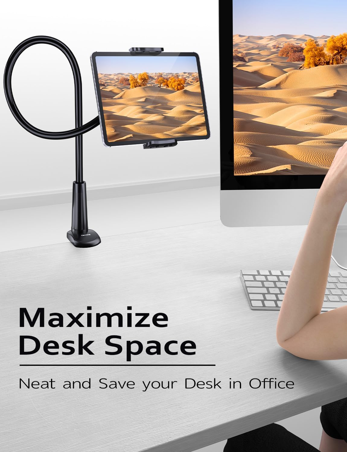 Gooseneck Tablet Holder Stand for Bed: Tryone Adjustable Flexible Arm Tablets Mount Clamp on Table Compatible with Ipad Air Mini | Galaxy Tabs | Kindle Fire | Switch or Other 4.7-10.5" Devices(Black) - White image number 2