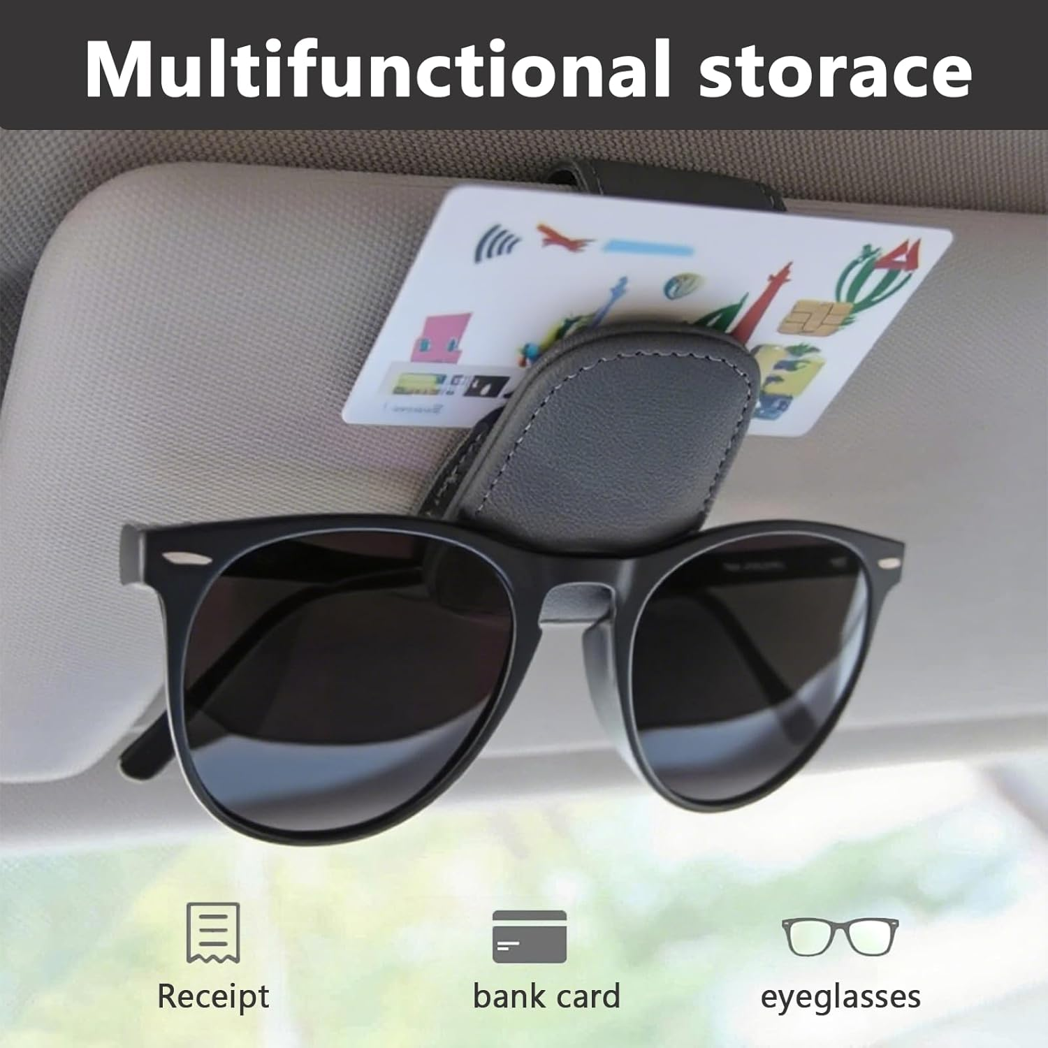 Magnetic Leather Car Sunglasses Holder, Eyeglass Hanger Clip for Sun Visor, with Ticket Card Clip, Car Visor Accessories(Black) image number 4