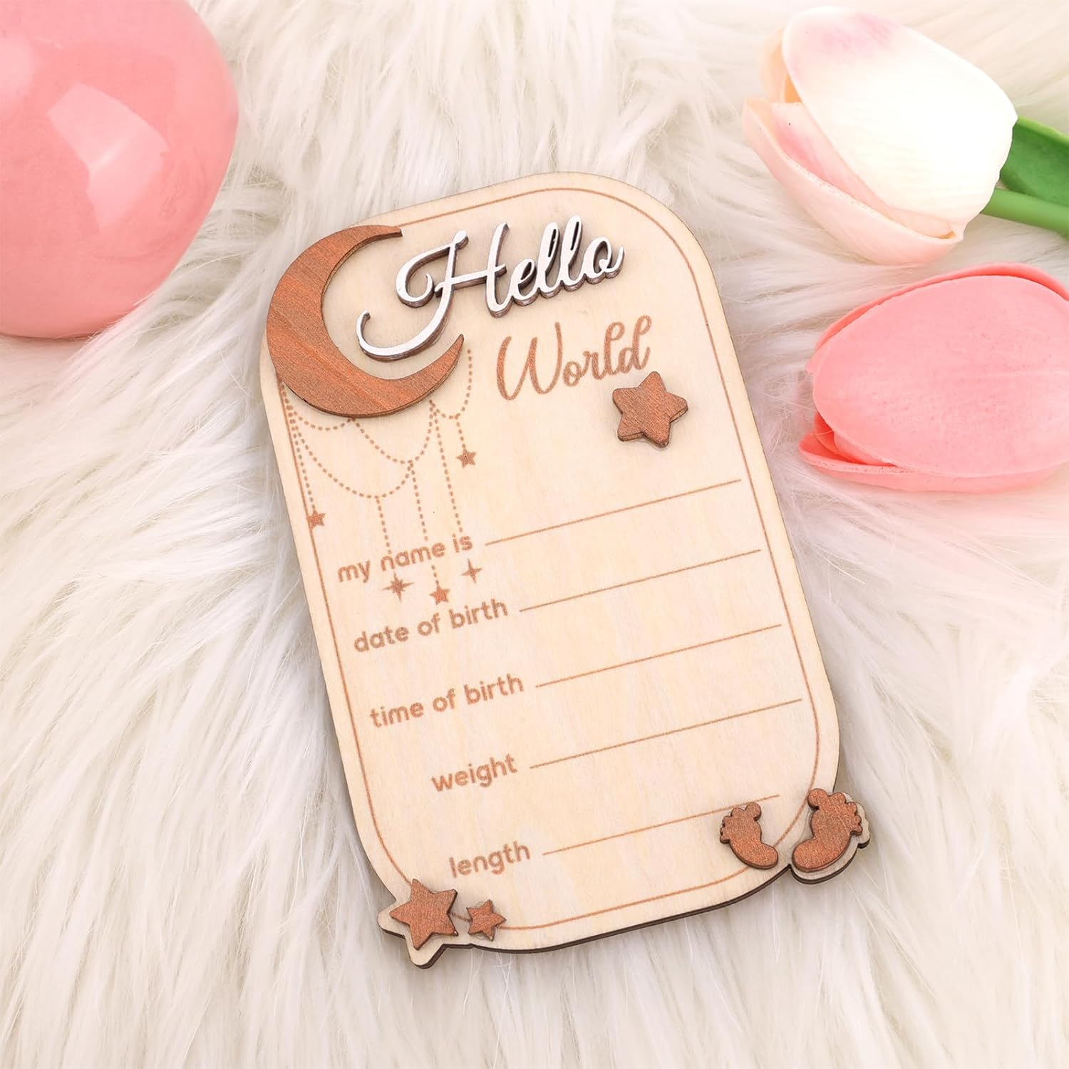 Baby Announcement Sign, Moon Star Birth Announcement Board Wooden Hello World Newborn Sign Decor Welcome Baby Sign Plaques for Photo Props Baby Shower Nursery Hospital image number 4