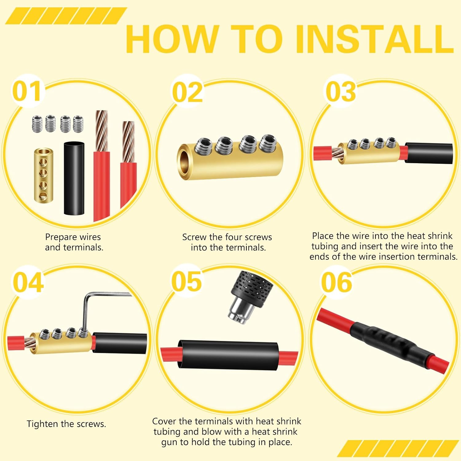 10Sets 6 Gauge Wire Connectors, 6 Awg Wire Connectors Terminal, 80Amp Waterproof Heat Shrink Tubing Quick Connect Splice Connector, 4-Hole Wiring Connector Set (Gold) image number 1