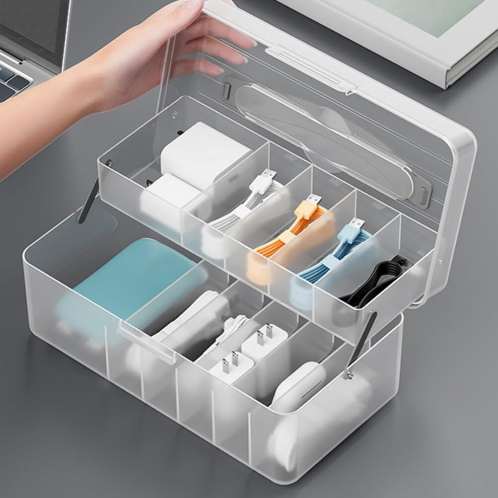 Housoutil Portable Double Electronics Organizer Bin for Cables and Chargers Storage Box for Home Office and Travel Multi-Compartment Cord Organizer for Efficient image number 1