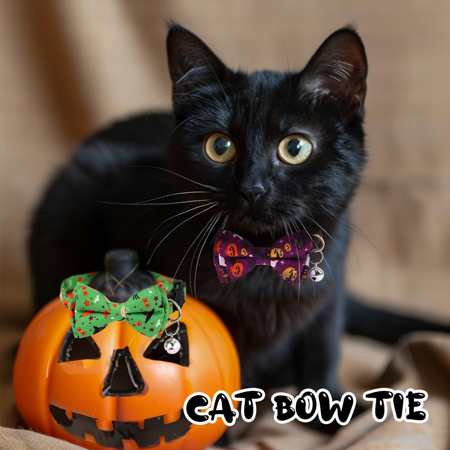 2Pcs Halloween Cat Collars, Adjustable Cotton Fabric Halloween Cat Collar with Bell Cute Soft Comfortable Kitten Collar with Bow (Green+Hat, Purple+Pumpkin) image number 4