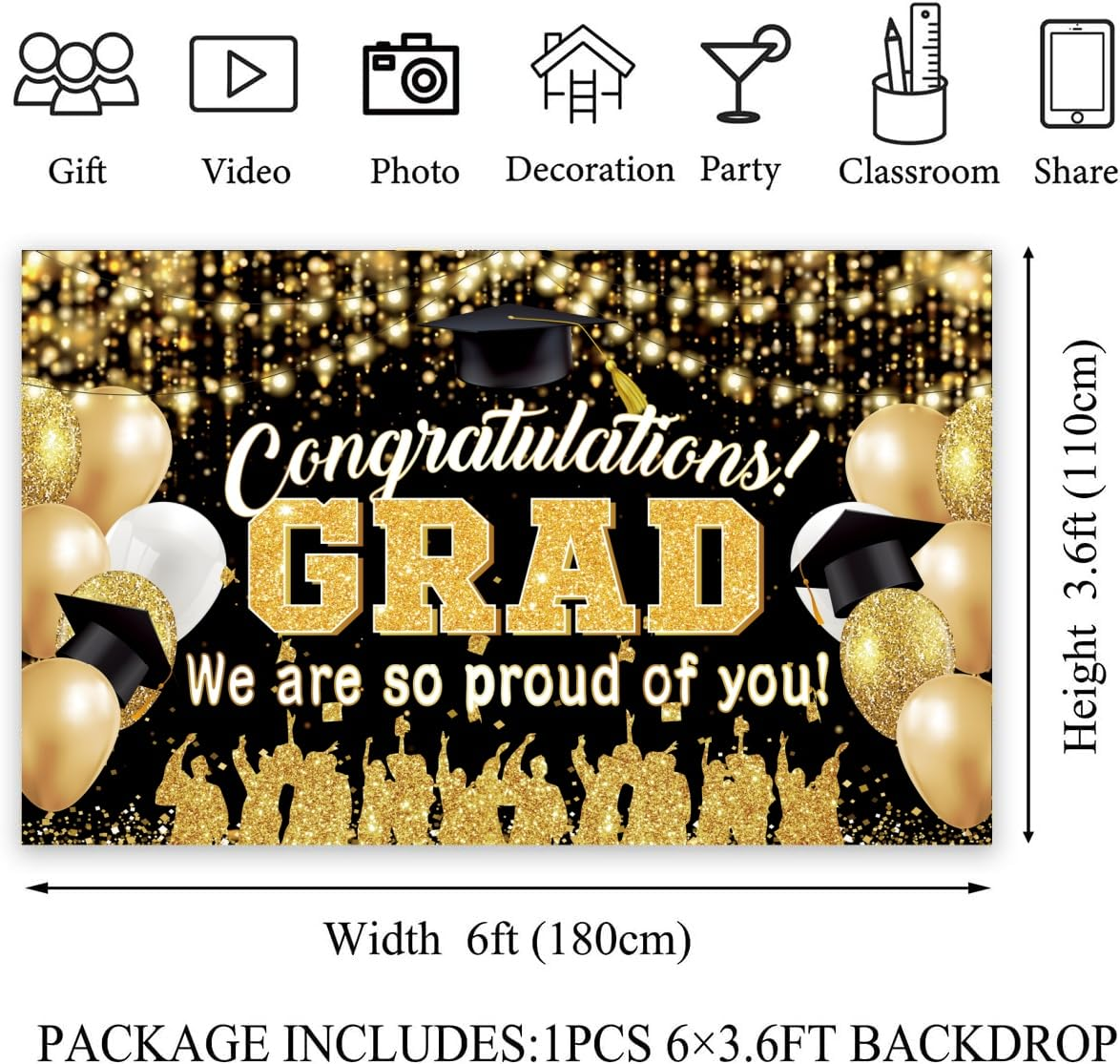Yuanbigtai Graduation Background Banner 78" X 45" Extra Large and Black Gold Backdrop Congrats Grad We Are Proud of You Cap Diploma Party Decorations Supplies for Indoor Outdoor Photo Booth Props image number 5