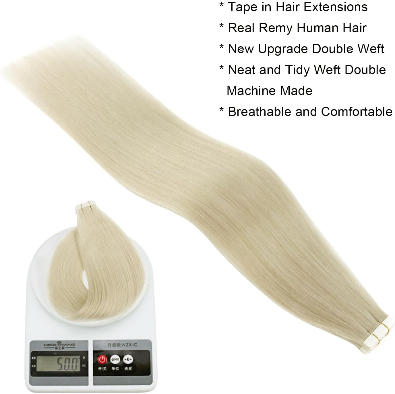 ABH AMAZINGBEAUTY HAIR Tape in Hair Extensions Human Hair Ice Blonde Tape in Blonde Straight Hair Glue in Remy Human Hair Extensions Invisible Skin Weft Color 1000 White Blonde Hair 14 Inch 20Pcs 50G image number 5