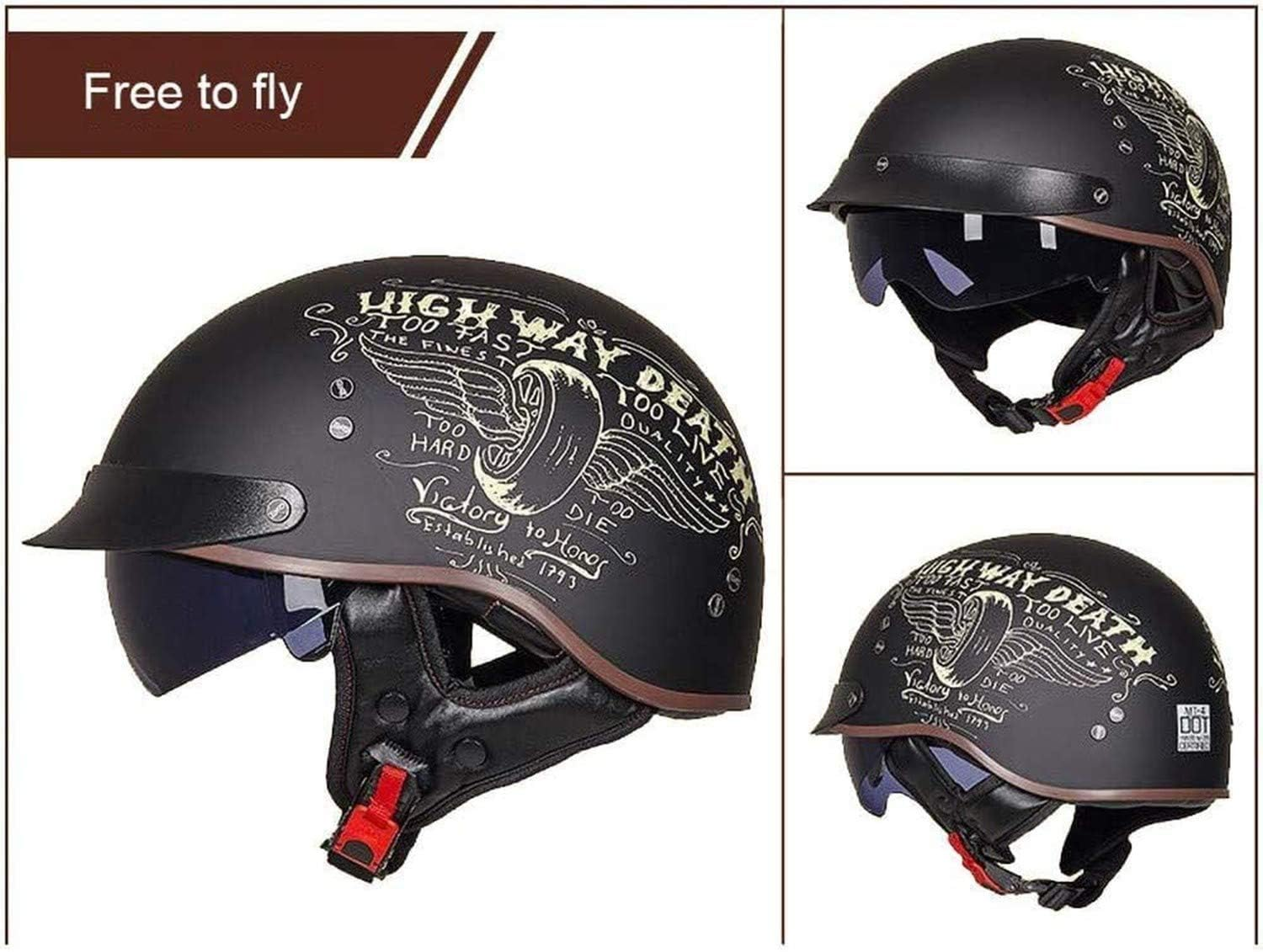 Classic Half Motorcycle Helmet Cruiser Chopper Biker Black ECE/DOT Approved Adult Motorbike Scooter Helmet for Men and Women Vintage German Style Motorbike Scooter Helmet image number 6