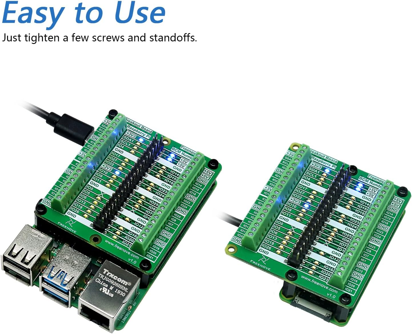 Freenove Breakout Board for Raspberry Pi 5 / 4B / 3B+ / 3B / 3A+ / 2B / 1B+ / 1A+ / Zero 2 W/Zero W/Zero, Terminal Block Shield HAT with Pin Header, GPIO Status LED image number 2