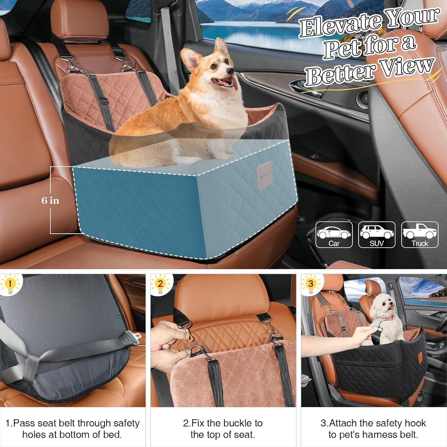 INDYBUD Dog Car Seats for Small Medium Dogs, Portable Detachable Washable Puppy Car Seat for Dog up to 35Lbs, Pet Booster Seat with Storage Pockets and Safety Belt (Black/Brown, Medium) image number 2