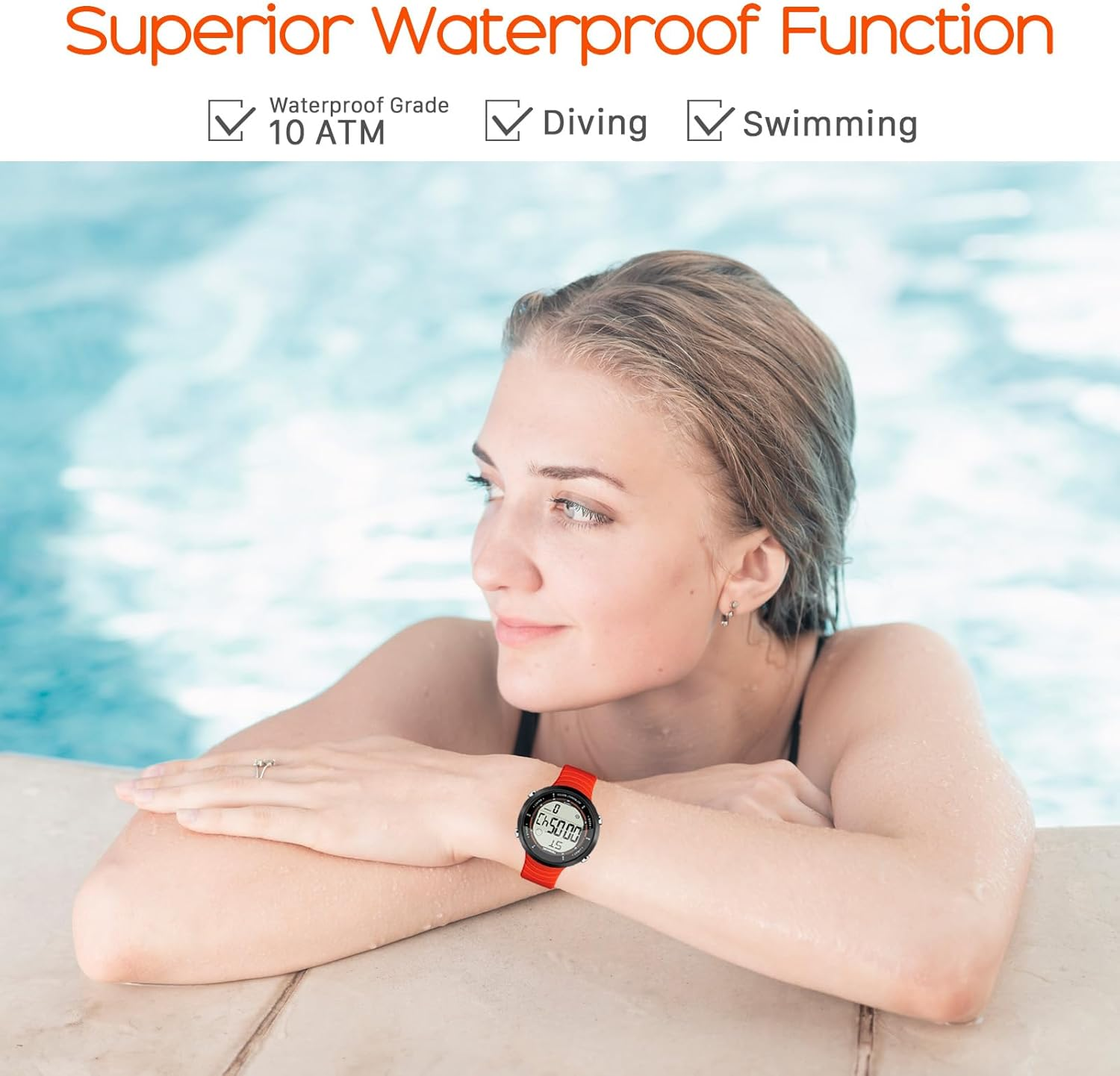 10 ATM Waterproof Sports Watch for Swimming and Diving, with Functions of Chronograph, Timer, Dual Time, Alarm Clock, 12 and 24 Hour Format Switchable image number 6