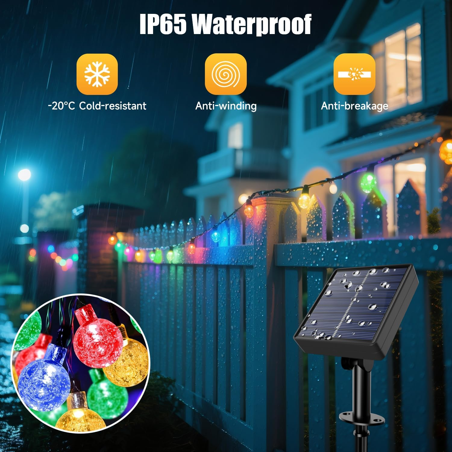 Solar String Lights Outdoor, 33FT/10M 100LED Solar Globe String Lights, 8 Lighting Modes, Waterproof Solar Powered Patio Light for Garden Yard Porch Wedding Party Outdoor Decoration (Multicolor) image number 5