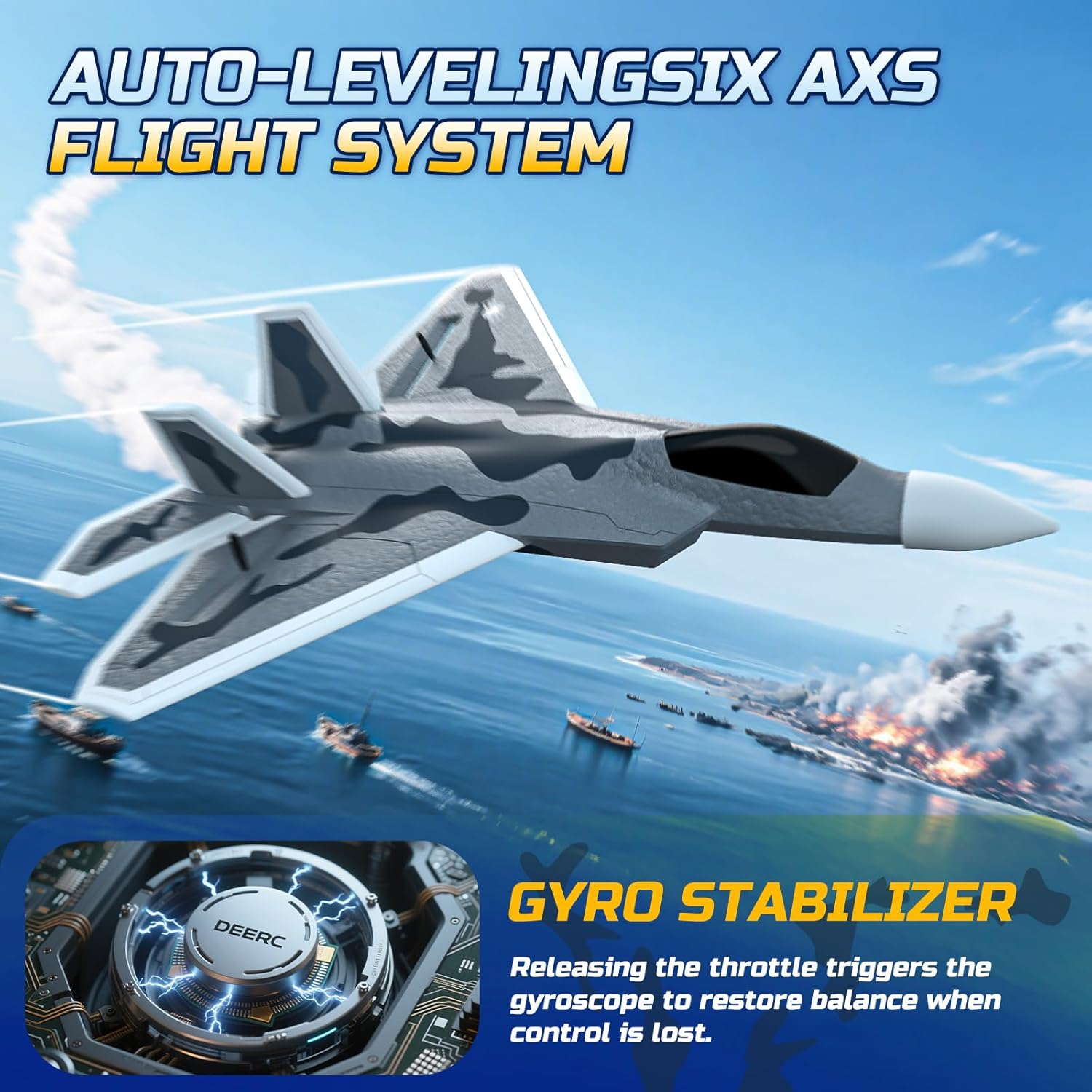 DEERC F22 Raptor 2CH RC Plane for Kids Beginners,Remote Control Airplane Fighter Toys,2.4Ghz 6-Axis Gyro Stabilizer RTF Glider Aircraft Plane with 2 Batteries,Easy to Fly for Boys Adults image number 4