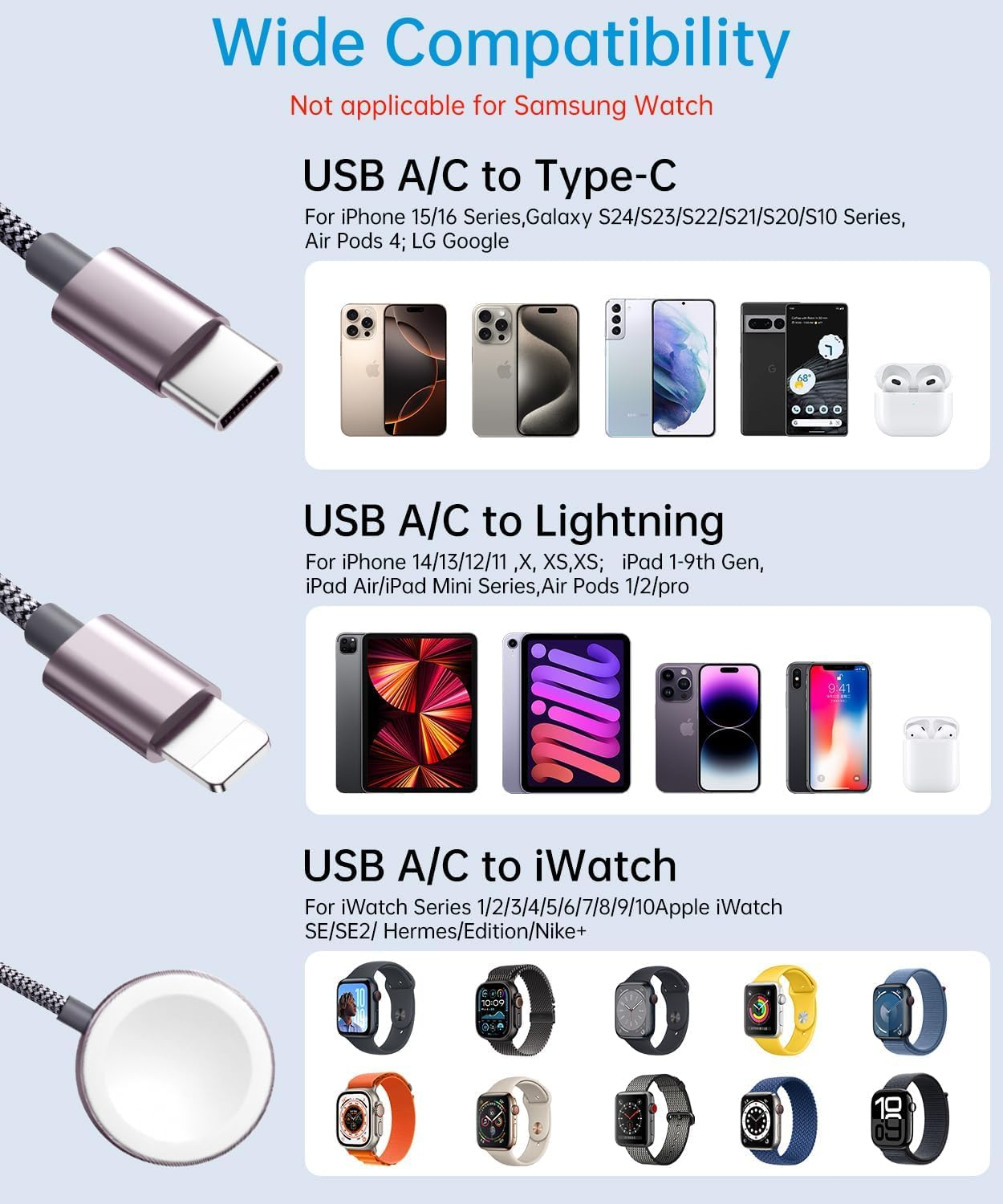 Mchifrys 3-In-2 Charger Cable for Apple Watch & Iphone, USB-C Multi Charging Cord, Compatible with Iphone 17&ndash;12, Iwatch Ultra/Se/10&ndash;1, Lightning/Type-C, 1.25M Travel Cable image number 5