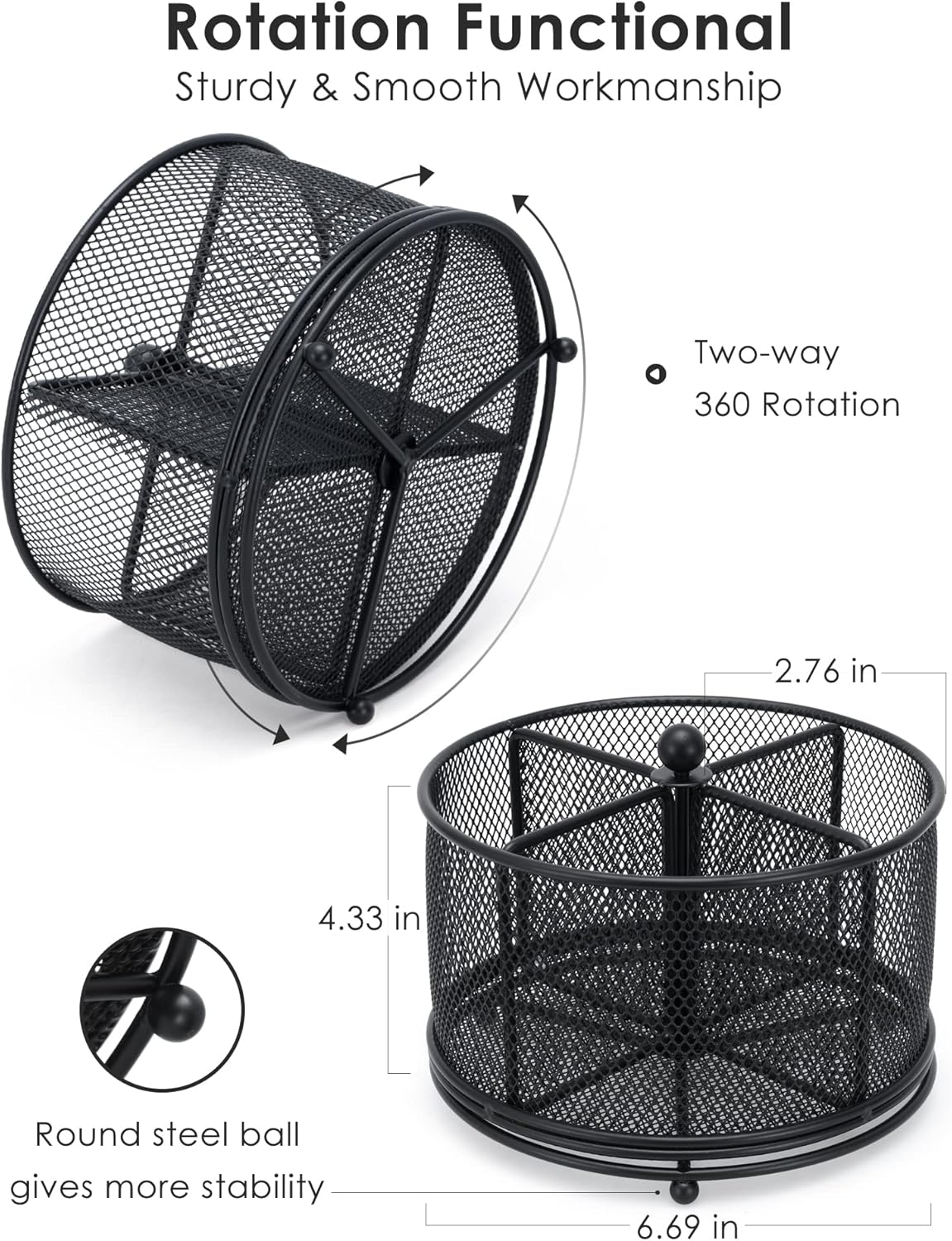 Varhomax Desk Organizer Black, 360&deg; Rotating Pencil Holder & Makeup Brush Pen Holder for Home Office Supplies - 4 Compartments Mesh Organizer with Large Storage Capacity image number 1