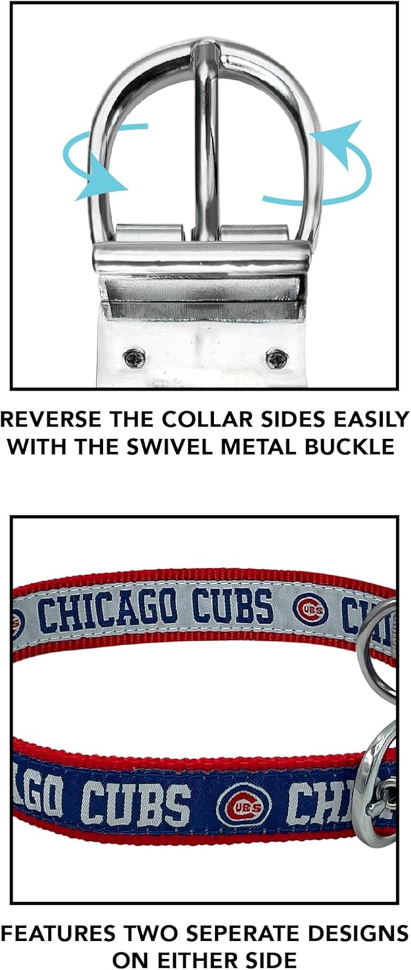 Chicago Cubs Reversible MLB Dog Collar, Large. Premium Home & Away Two-Sided Pet Collar Adjustable with Metal Buckle. Your Favorite MLB Baseball Team with a Unique Design on Each Side! Dogs & Cats